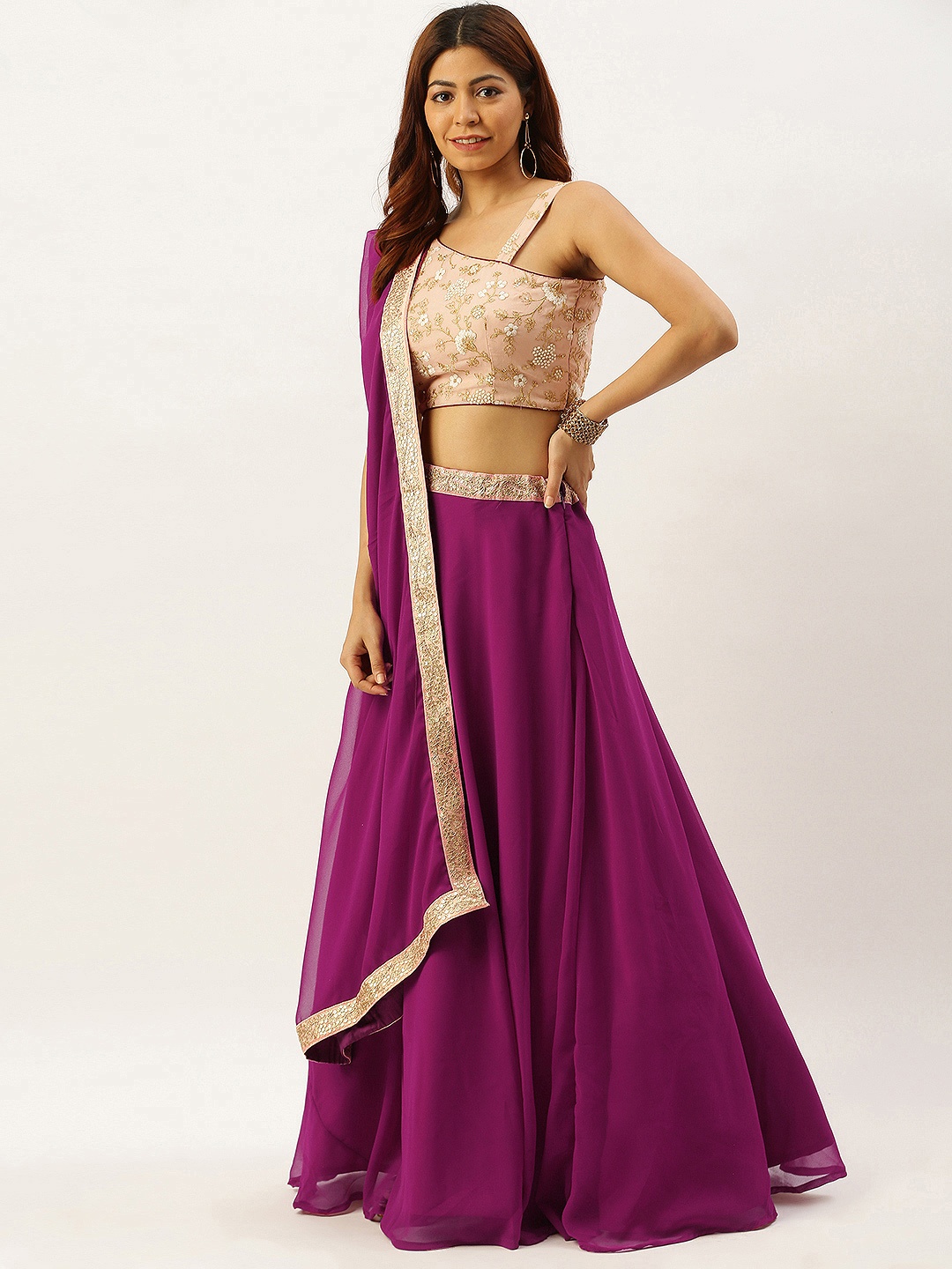 

Ethnovog Purple Cream Solid Made to Measure Lehenga Blouse with Dupatta