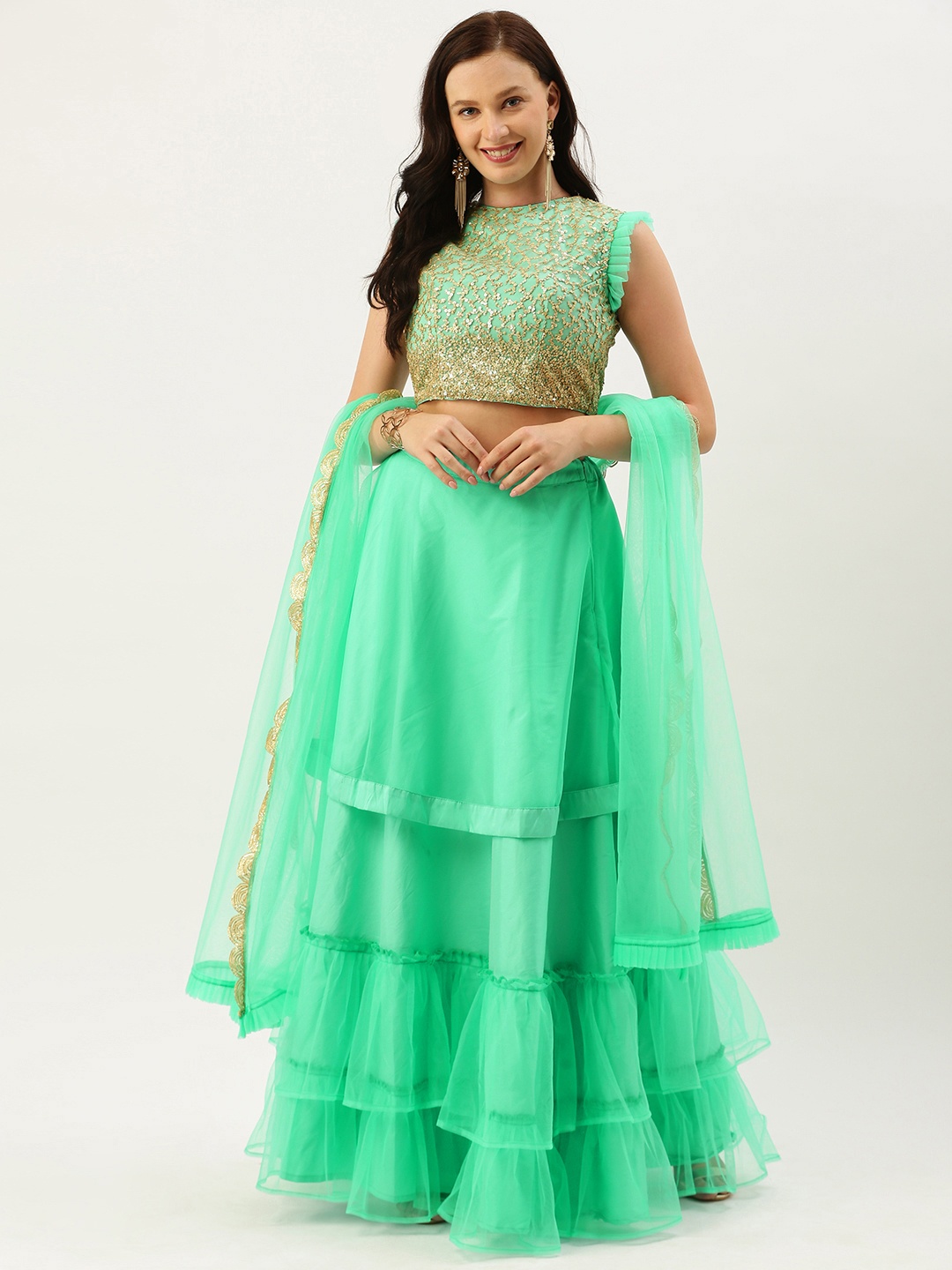 

Ethnovog Sea Green Made to Measure Lehenga Blouse with Dupatta