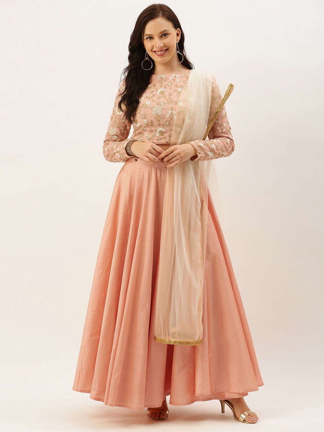 

Ethnovog Peach-Coloured Peach-Coloured Embroidered Made to Measure Lehenga Blouse with Dupatta