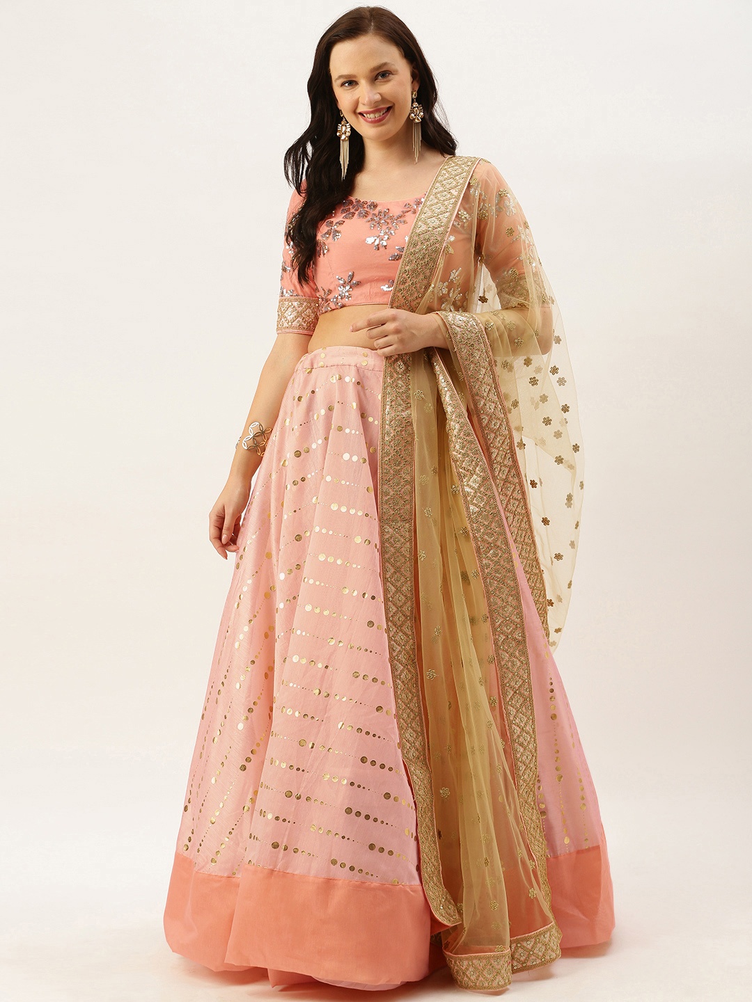 

EthnoVogue Peach-Coloured & Beige Embellished Made to Measure Lehenga & Blouse with Dupatta