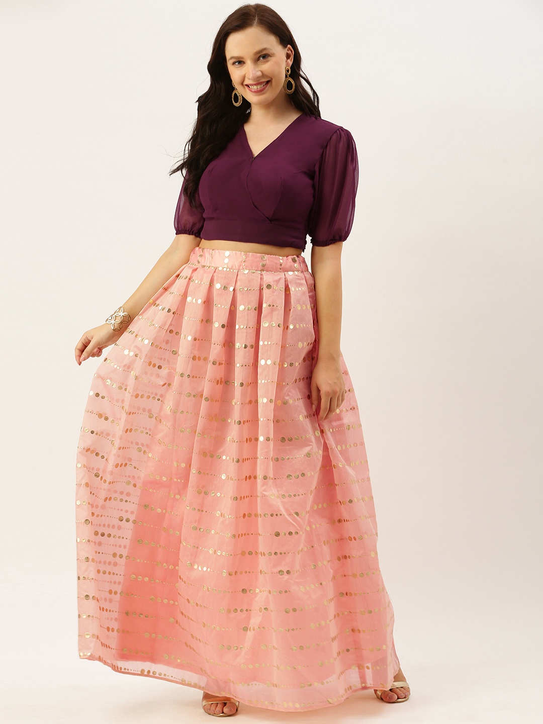 

Ethnovog Burgundy Pink Foil Printed Made to Measure Lehenga with Blouse