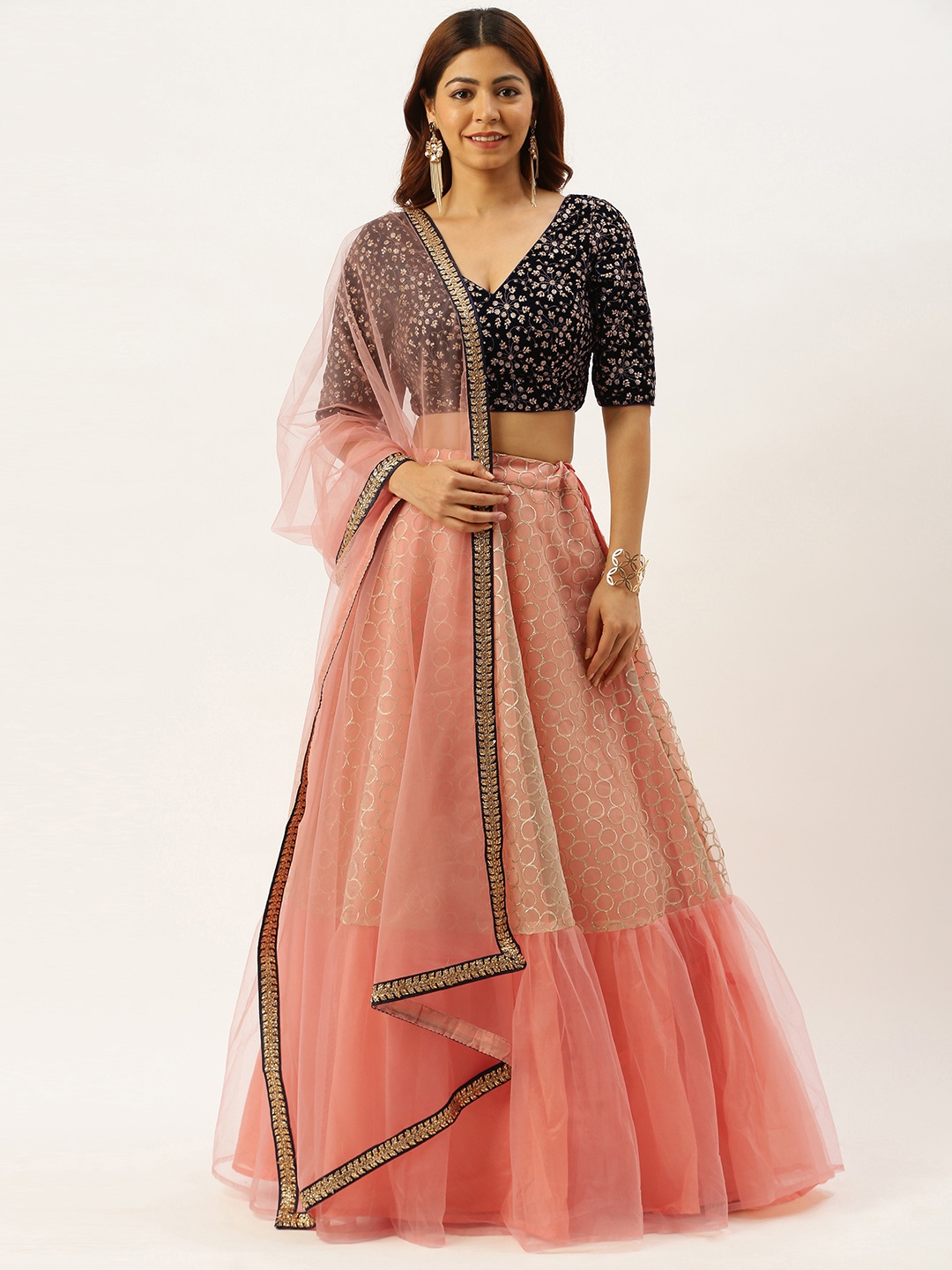

Ethnovog Peach-Coloured Navy Gotta Work Made to Measure Lehenga Blouse with Dupatta
