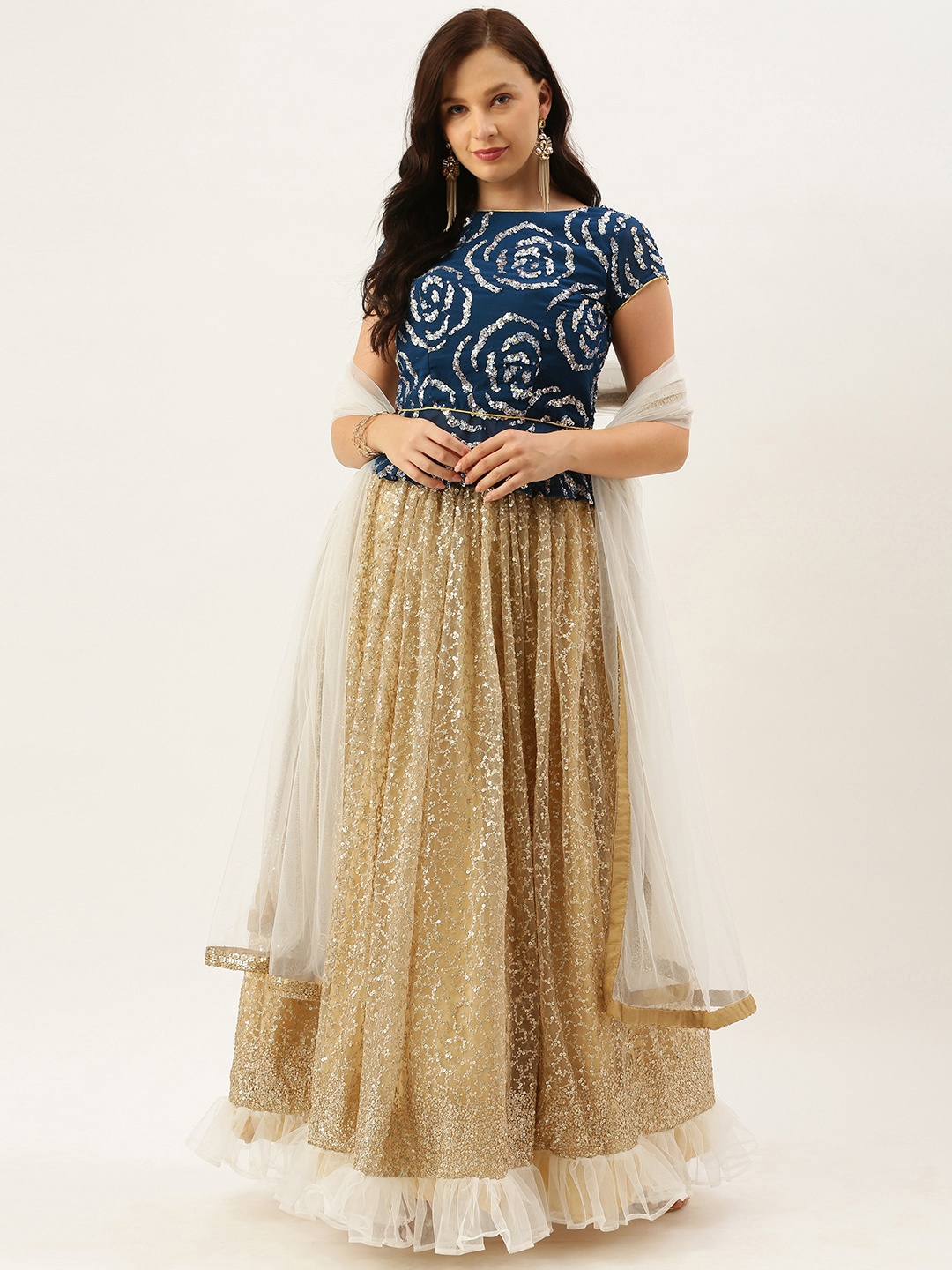 

Ethnovog Beige Navy Blue Sequinned Made to Measure Lehenga Blouse with Dupatta