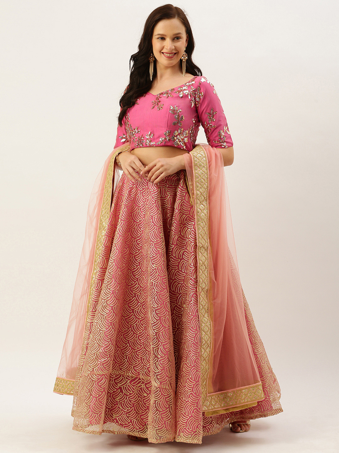 

Ethnovog Pink Golden Embellished Made to Measure Lehenga Blouse with Dupatta