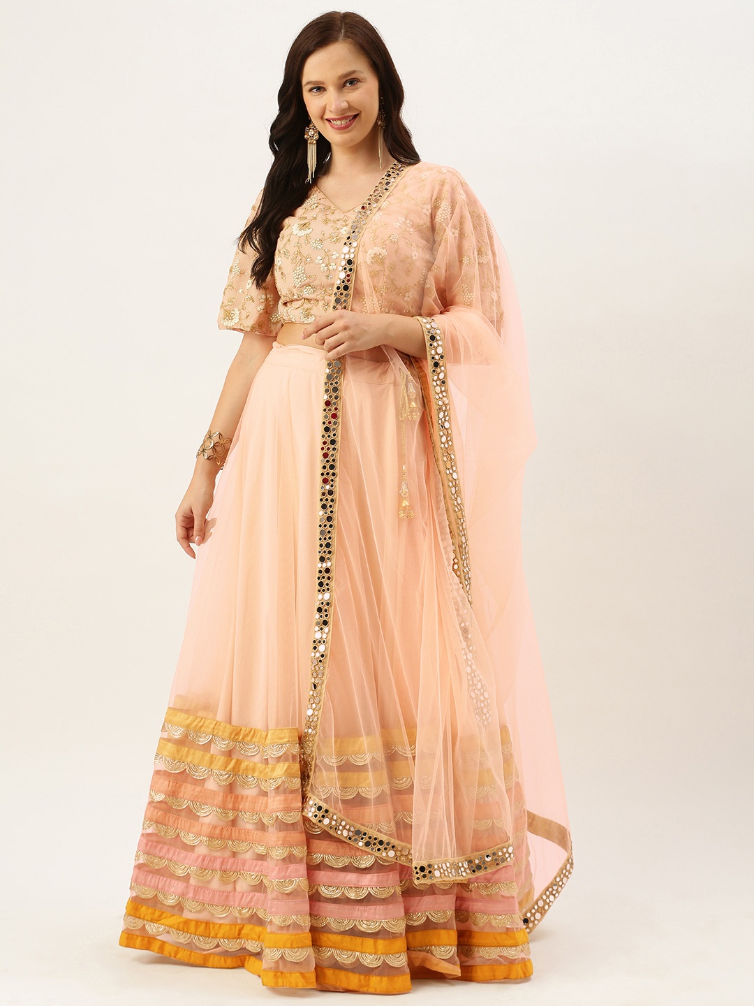

Ethnovog Peach-Coloured Gold-Toned Embellished Made to Measure Lehenga Blouse with Dupatta