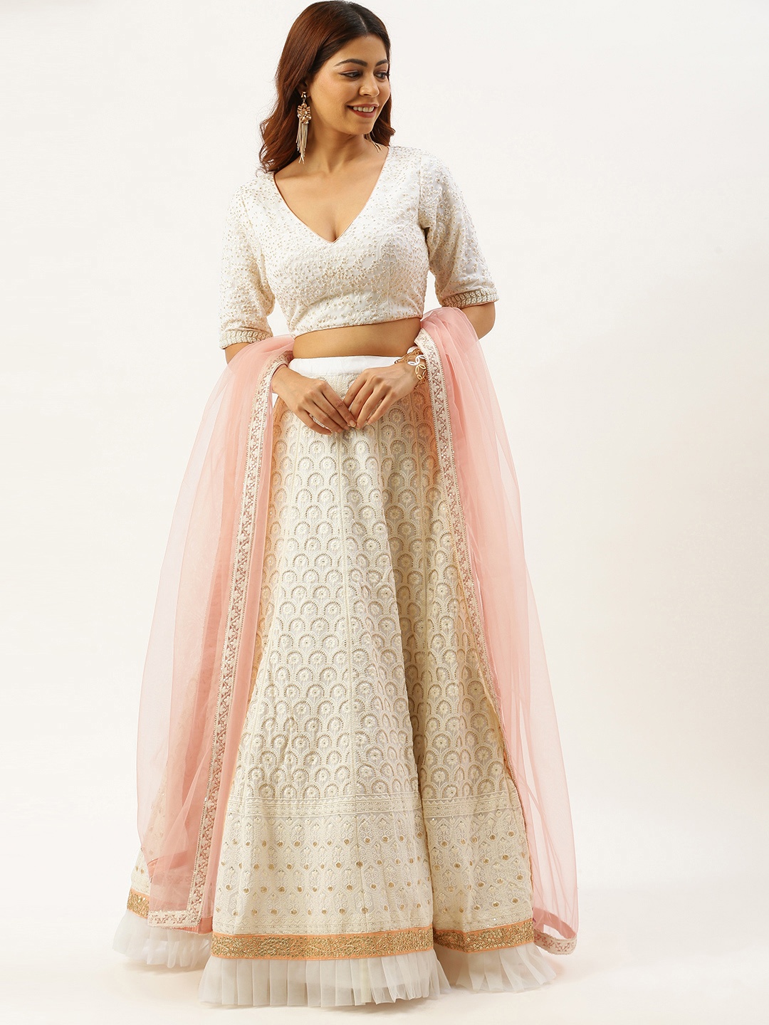 

Ethnovog Off-White Pink Embroidered Made to Measure Lehenga Blouse with Dupatta