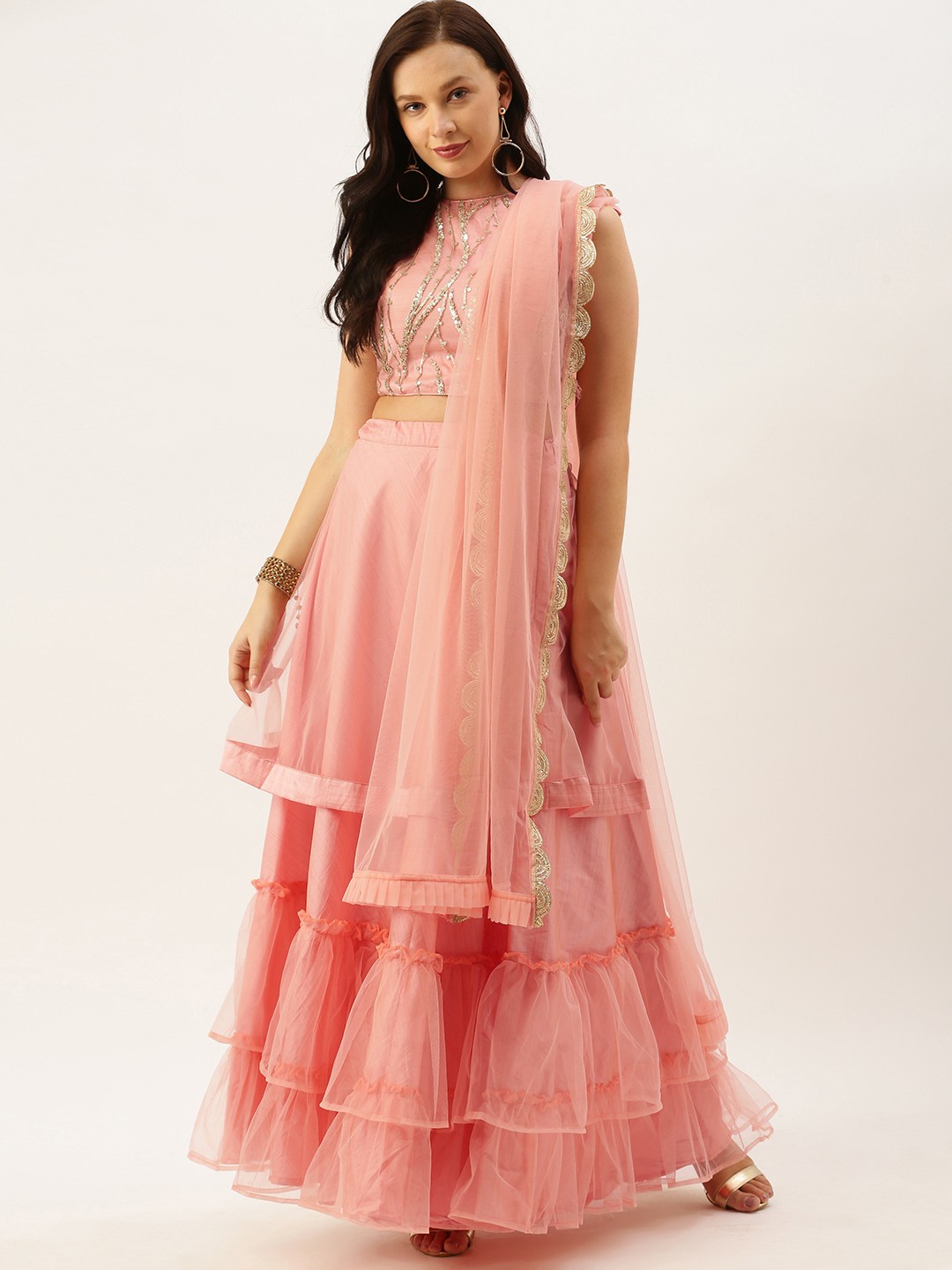 

Ethnovog Pink Embellished Made to Measure Lehenga Blouse with Dupatta