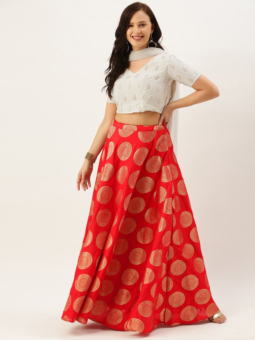 

Ethnovog Off-White Red Embroidered Made to Measure Lehenga Blouse with Dupatta