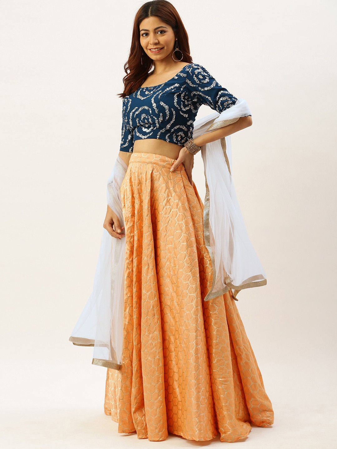 

Ethnovog Teal Blue Peach-Coloured Embellished Made to Measure Lehenga Set
