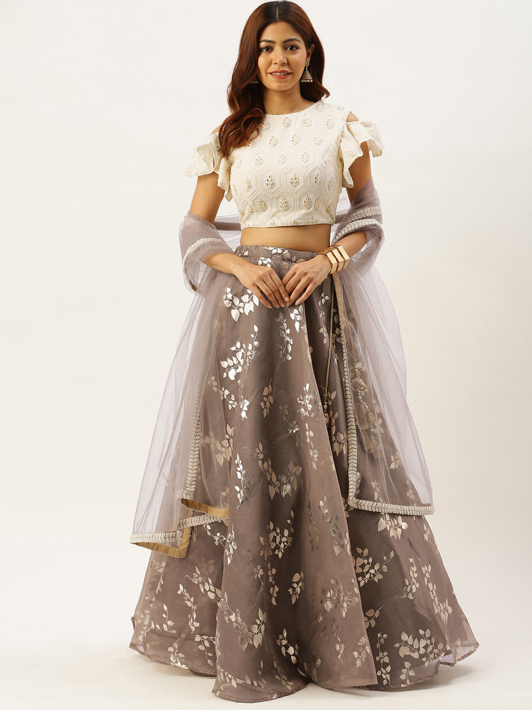 

Ethnovog Off-White Brown Embroidered Made to Measure Lehenga Blouse with Dupatta