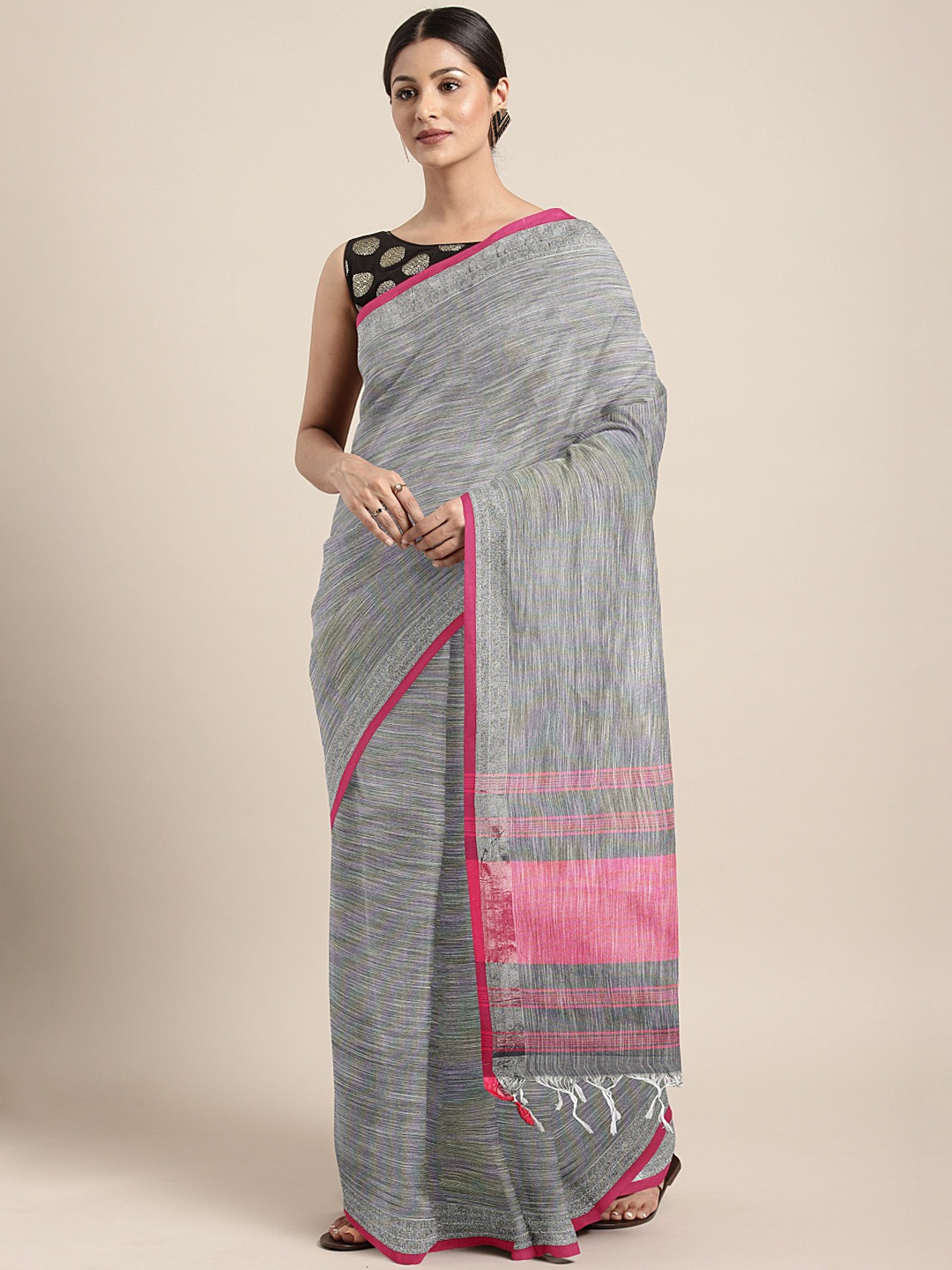 

KALINI Grey Solid Chanderi Handloom Saree