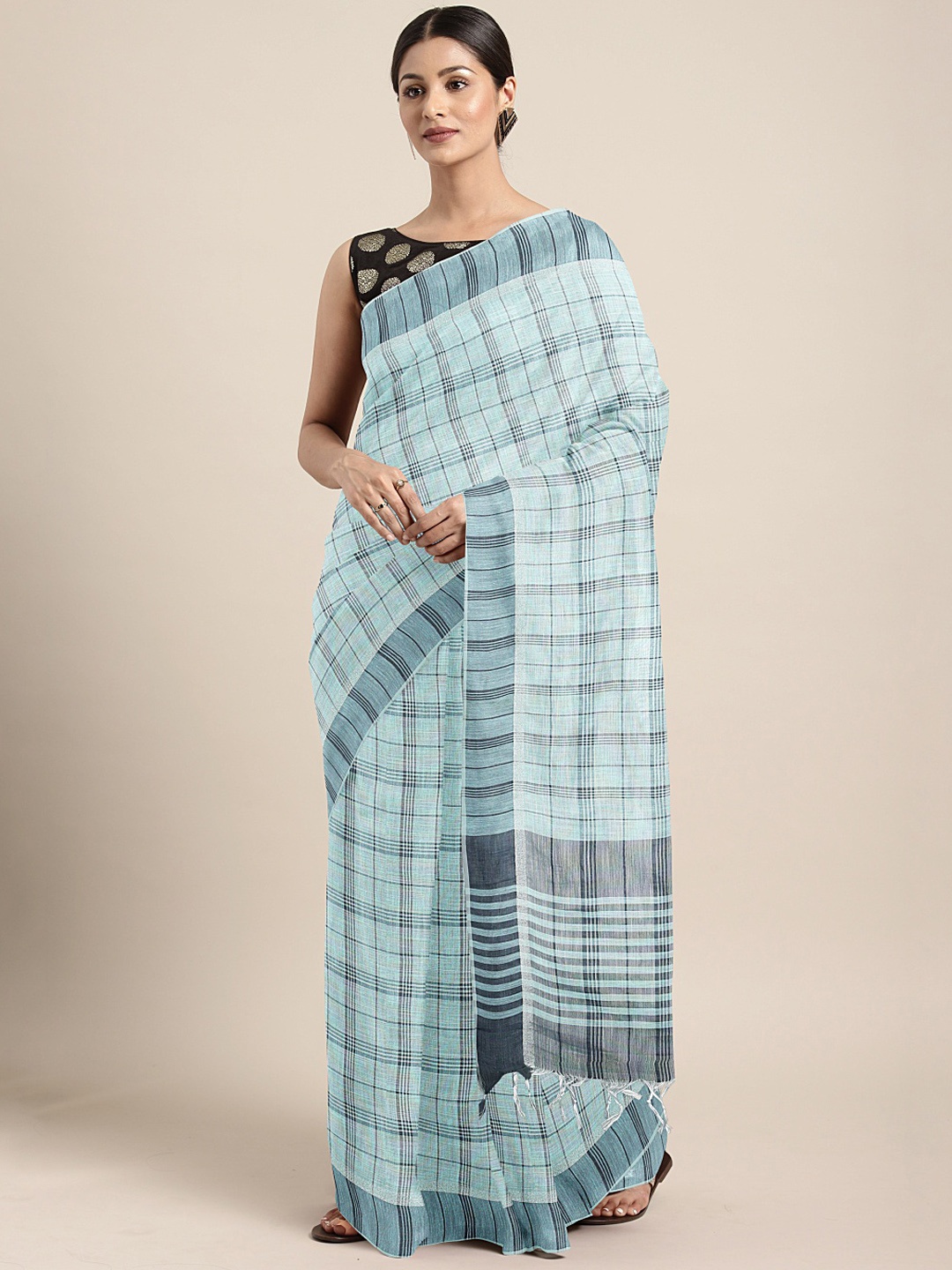 

KALINI Blue & Black Polycotton Checked Chanderi Saree