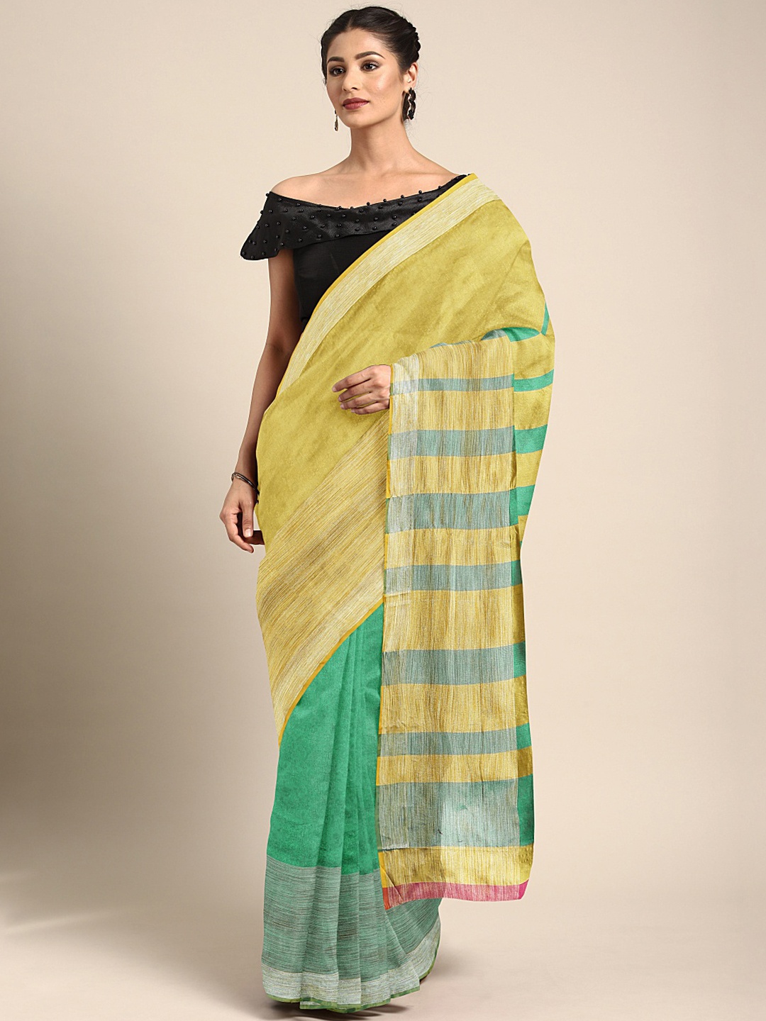 

KALINI Yellow & Green Cotton Blend Solid Half and Half Handloom Chanderi Saree