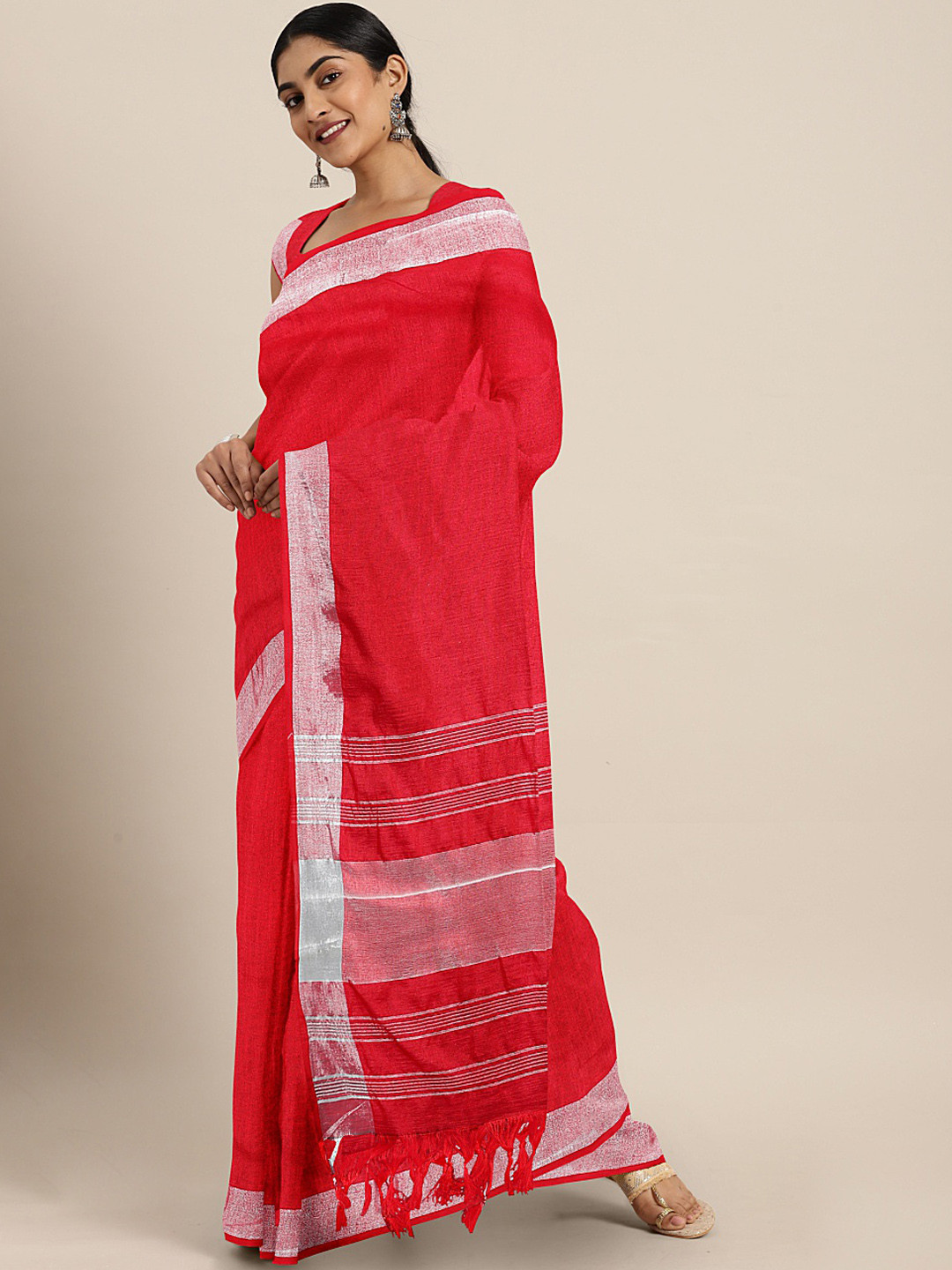 

KALINI Red Solid Chanderi Saree