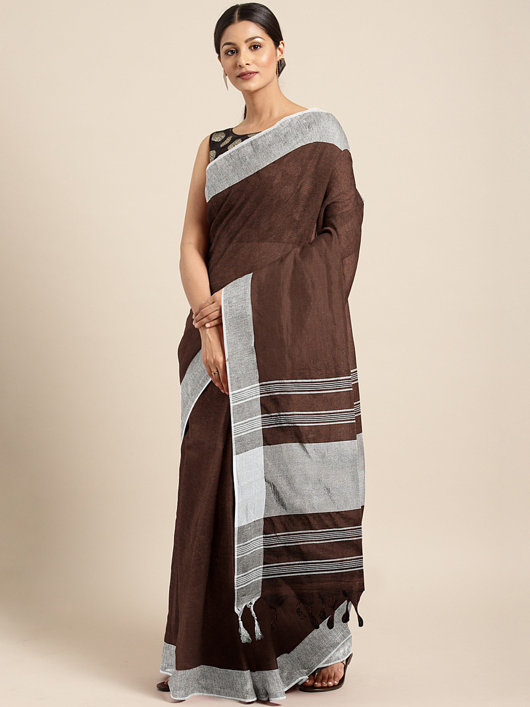 

KALINI Brown Solid Chanderi Saree