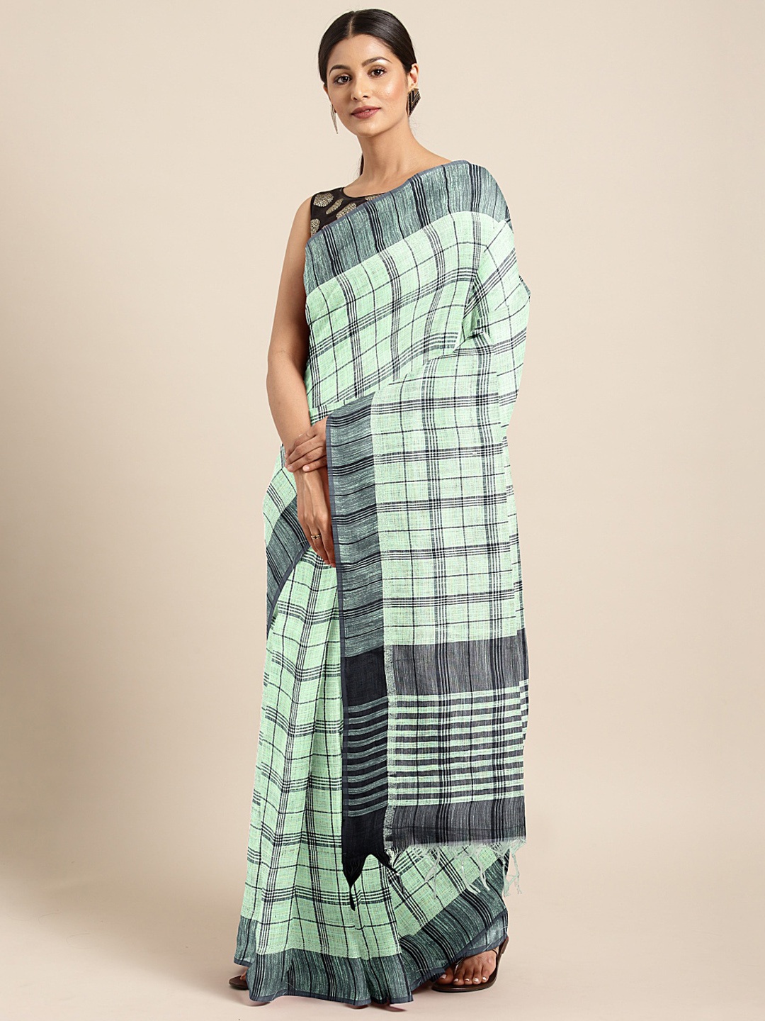 

KALINI Green Polycotton Checked Chanderi Saree