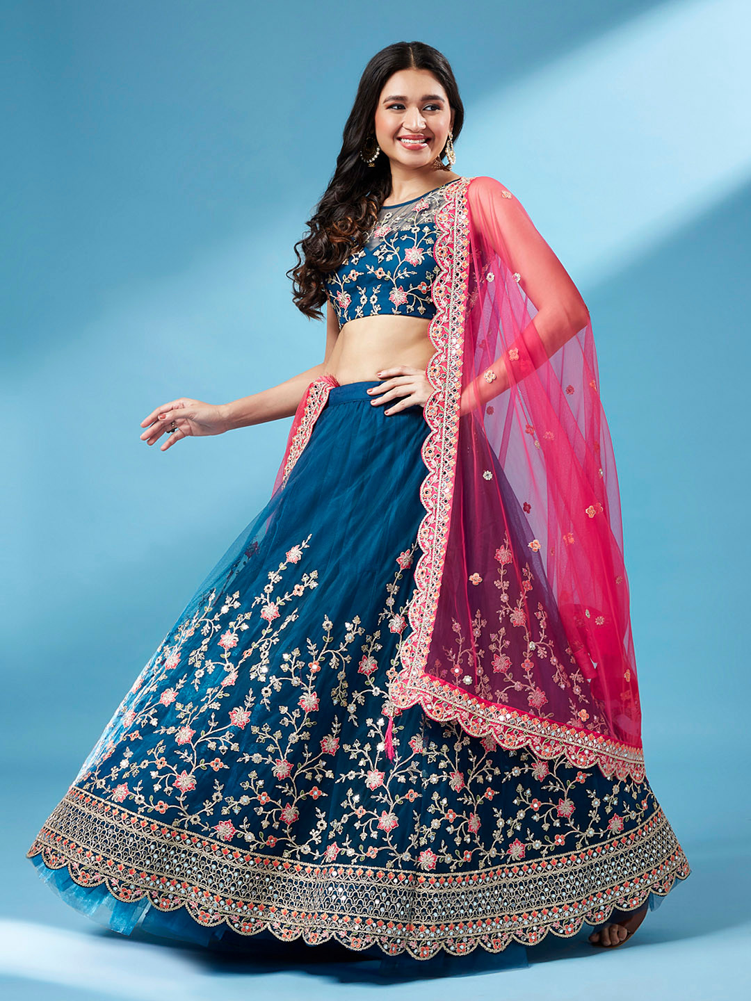 

panchhi Teal Blue Embroidered Semi-Stitched Lehenga & Unstitched Blouse with Dupatta
