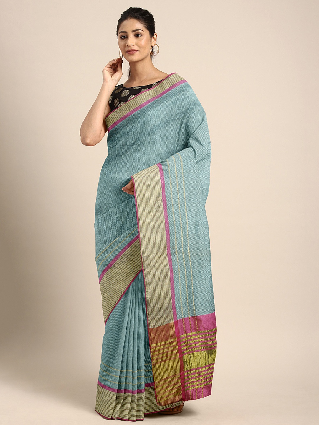 

KALINI Turquoise Blue & Pink Cotton Blend Solid Saree