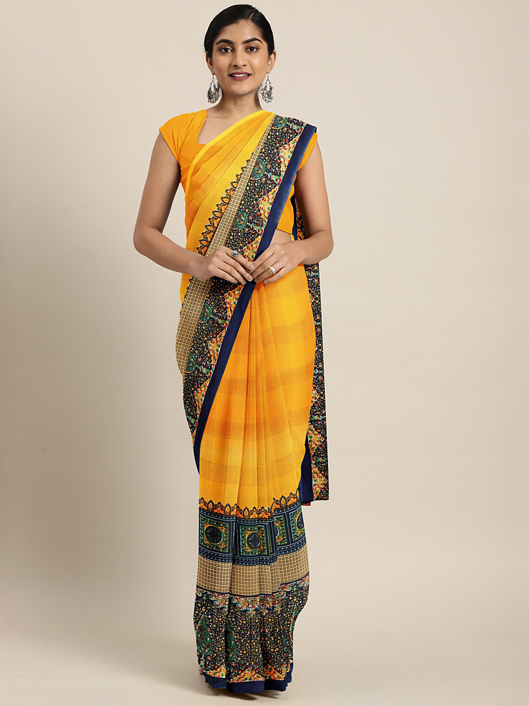 

KALINI Mustard Yellow Checked Saree
