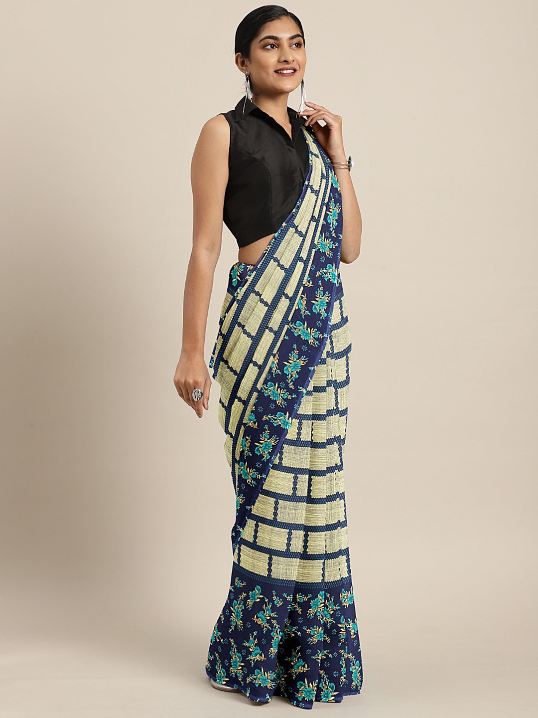 

KALINI Beige & Navy Blue Floral Printed Saree