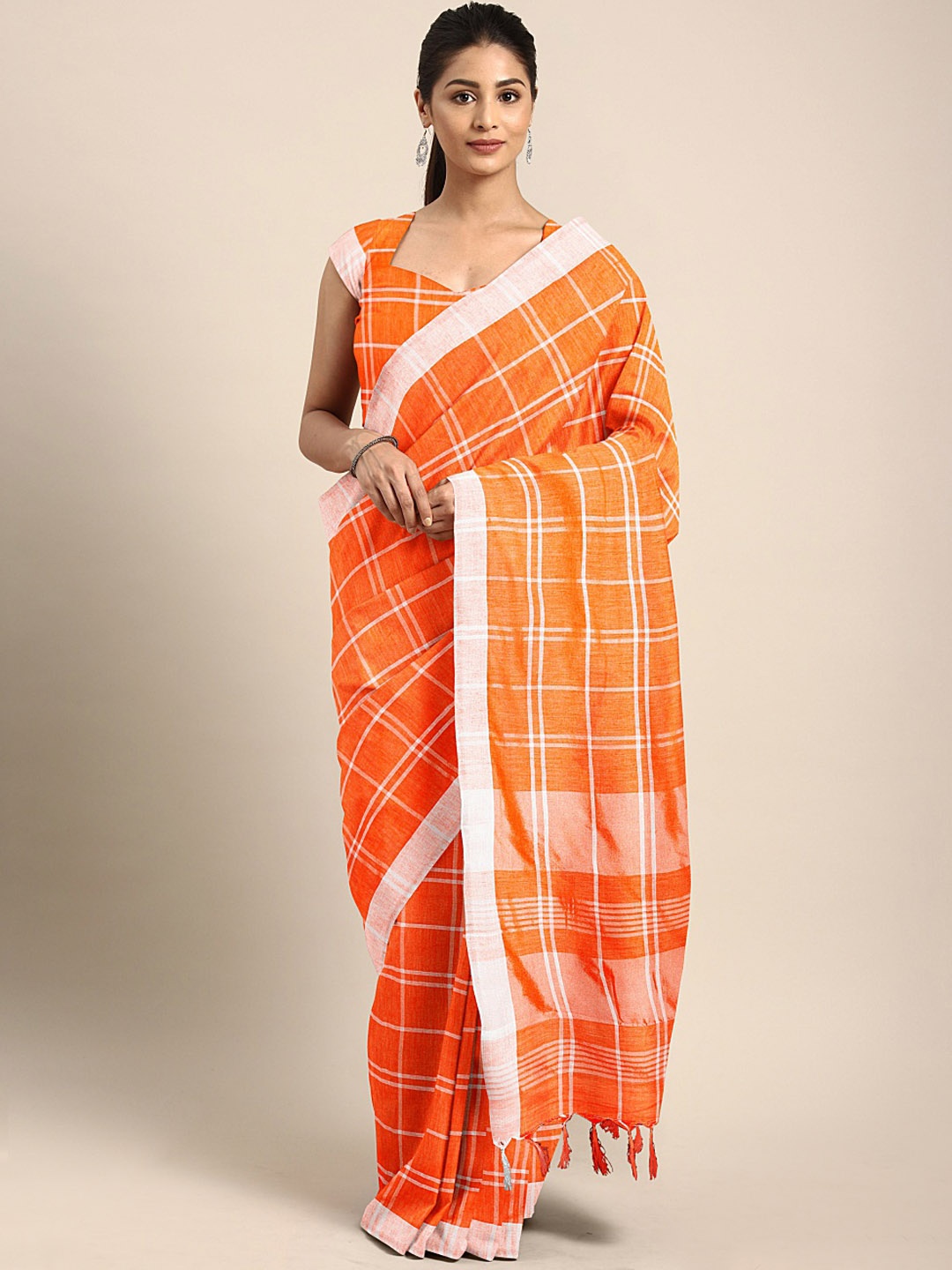 

KALINI Orange & White Cotton Blend Checked Saree