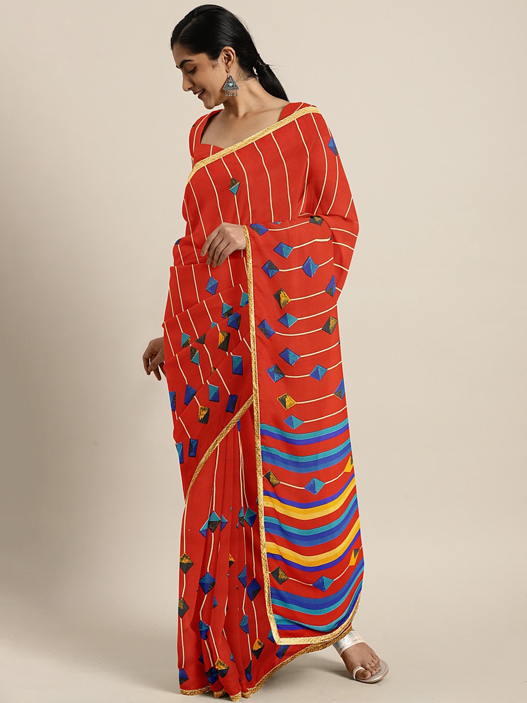 

KALINI Orange & WhiteStriped Saree