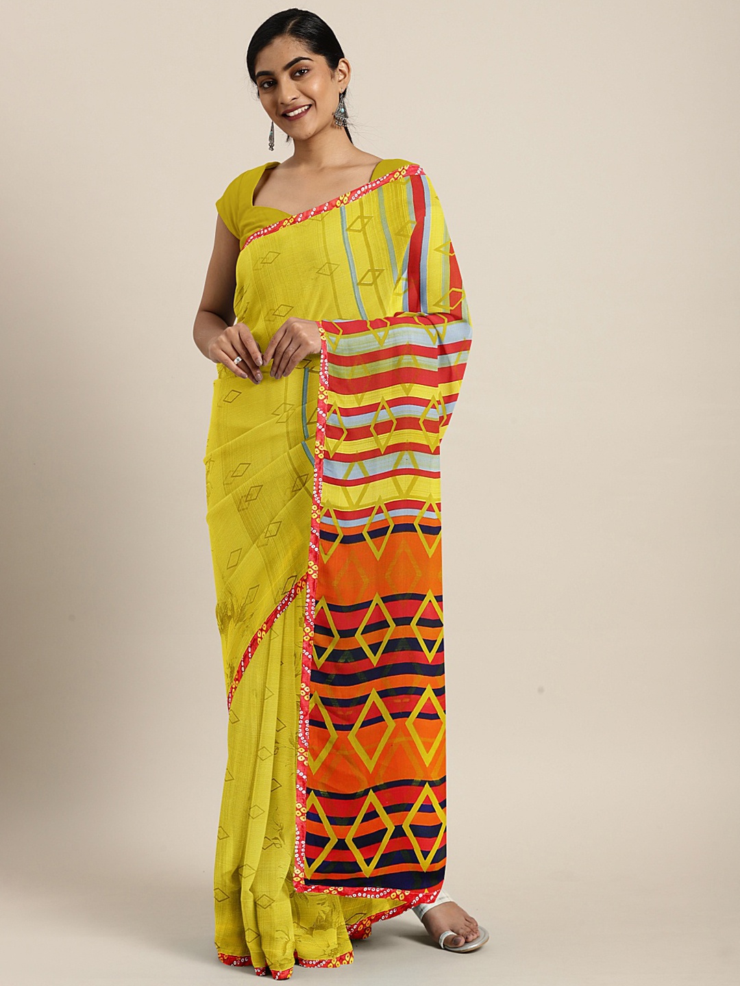 

KALINI Green & Orange Poly Georgette Geometric Printed Saree