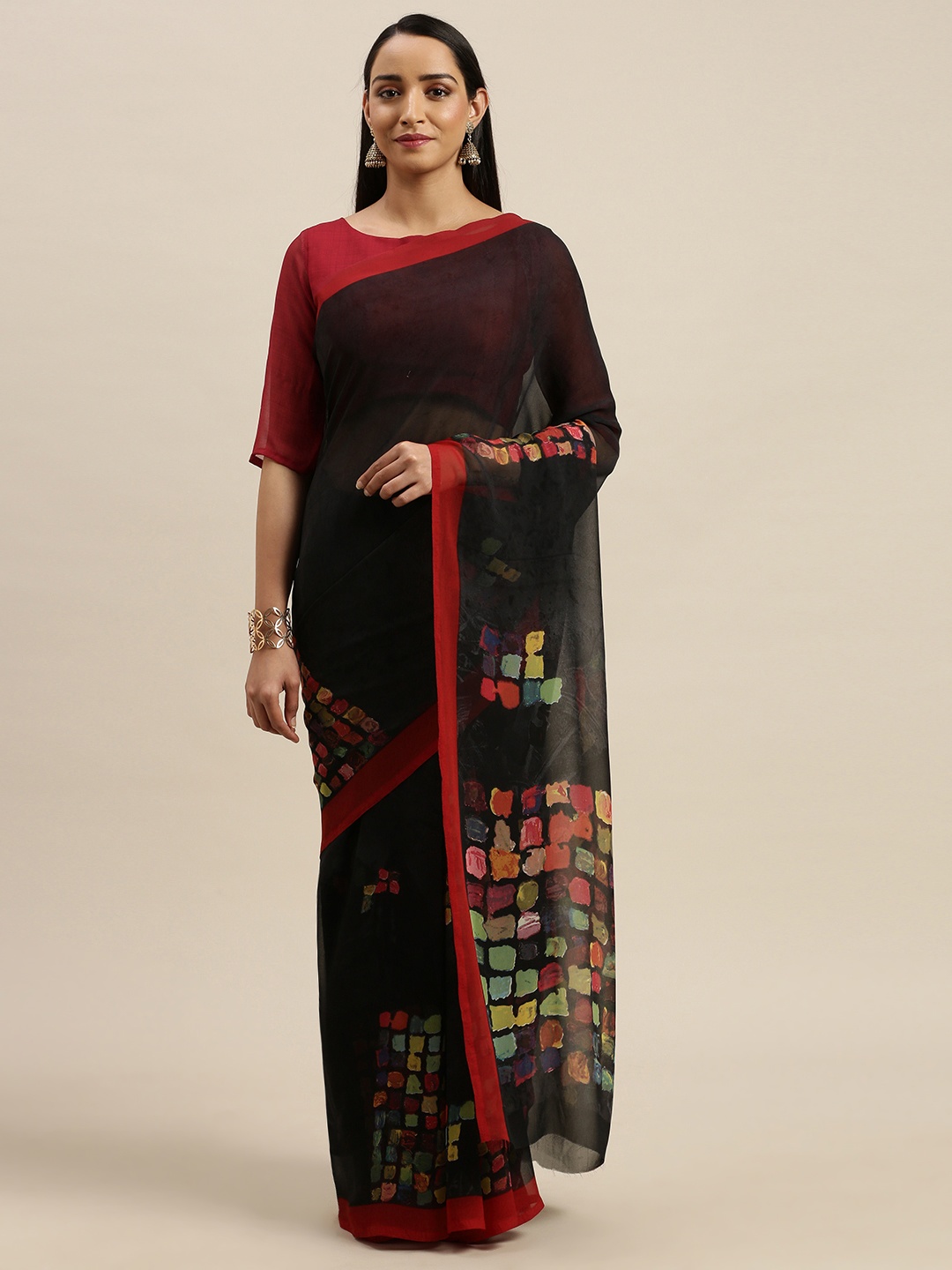 

KALINI Black & Red Printed Saree