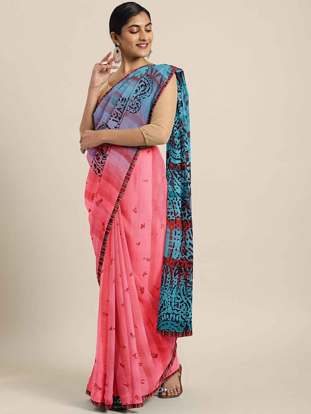 

KALINI Pink & Blue Poly Georgette Printed Saree