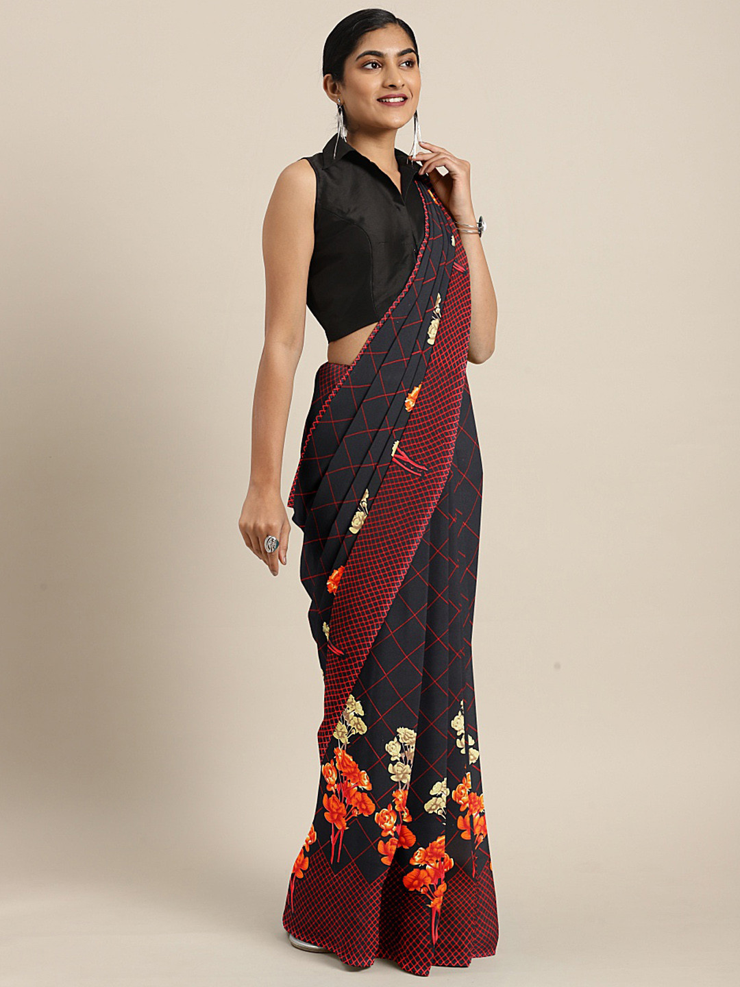 

KALINI Black & Red Floral Printed Saree