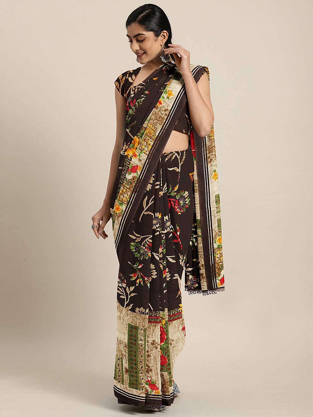 

KALINI Coffee Brown & Off-White Poly Georgette Floral Printed Saree