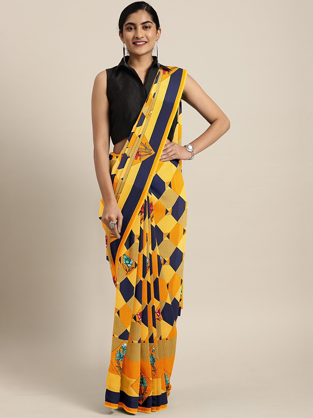 

KALINI Yellow & Navy Blue Poly Georgette Printed Saree