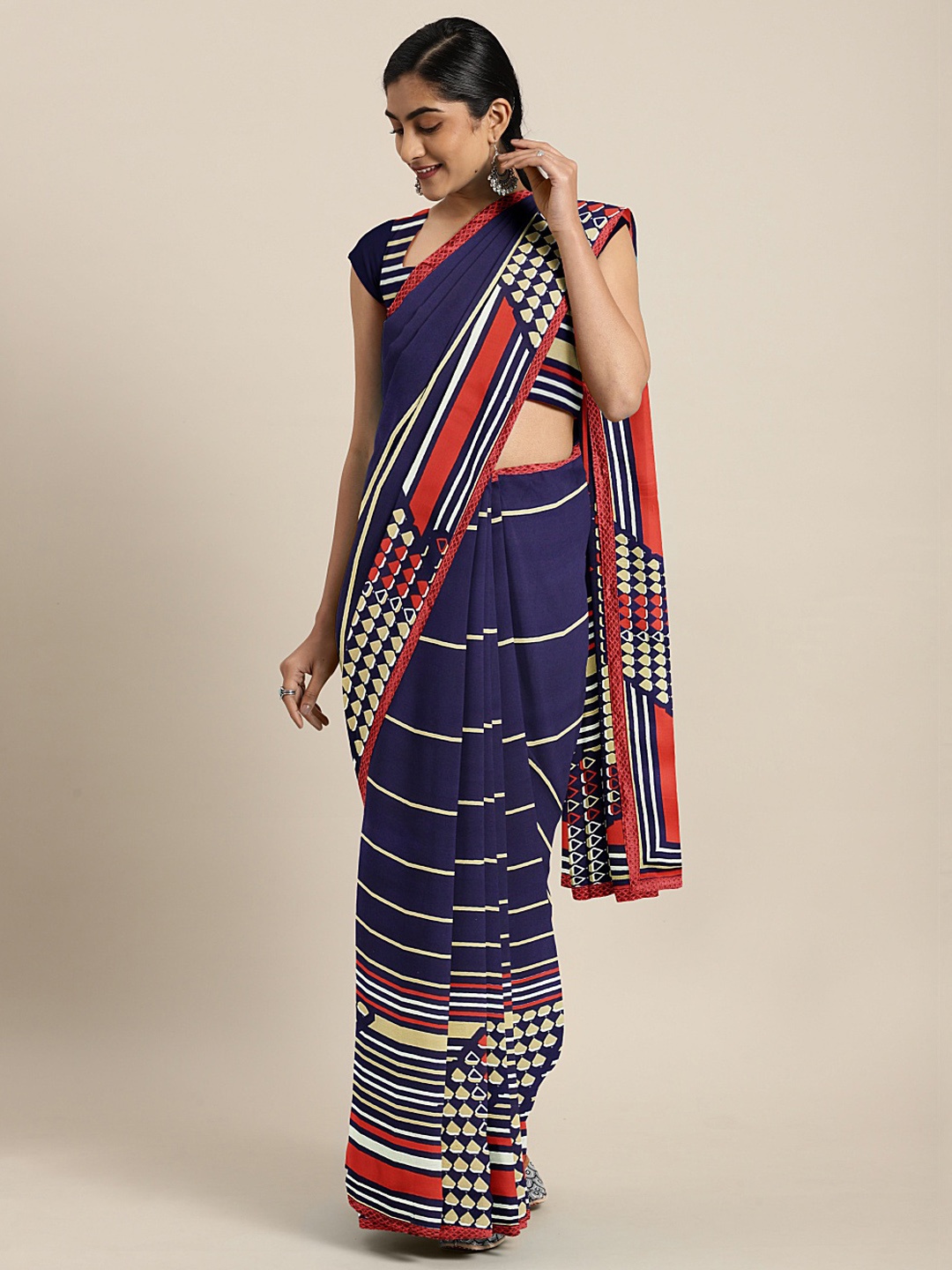 

KALINI Navy Blue & Beige Poly Georgette Striped Saree