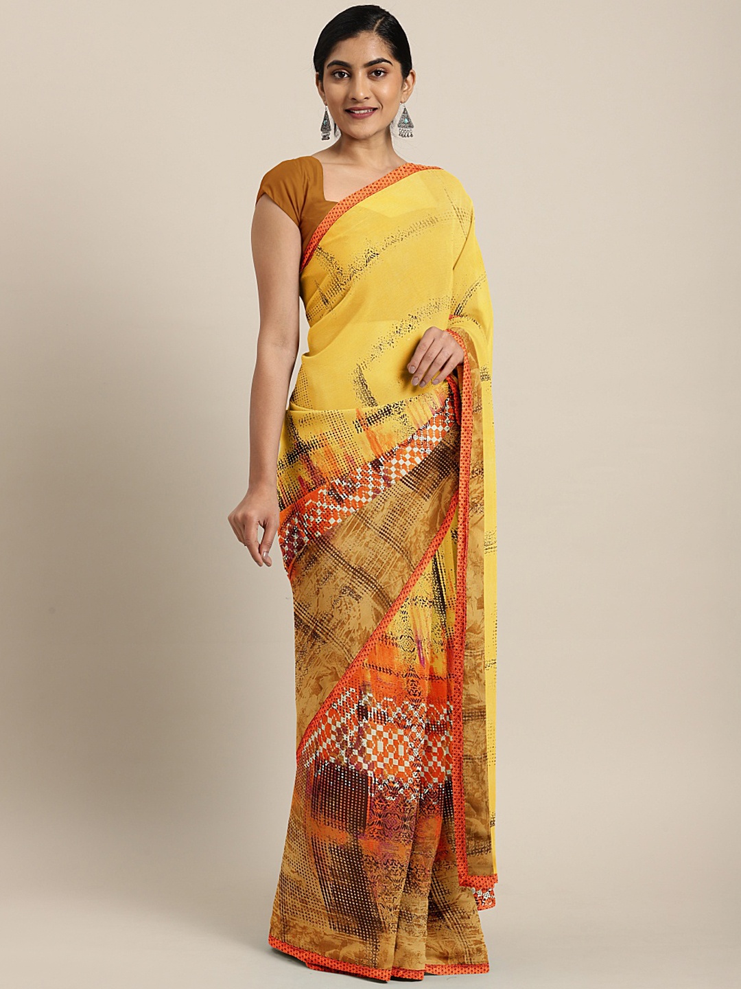 

KALINI Yellow & Brown Poly Georgette Printed Saree