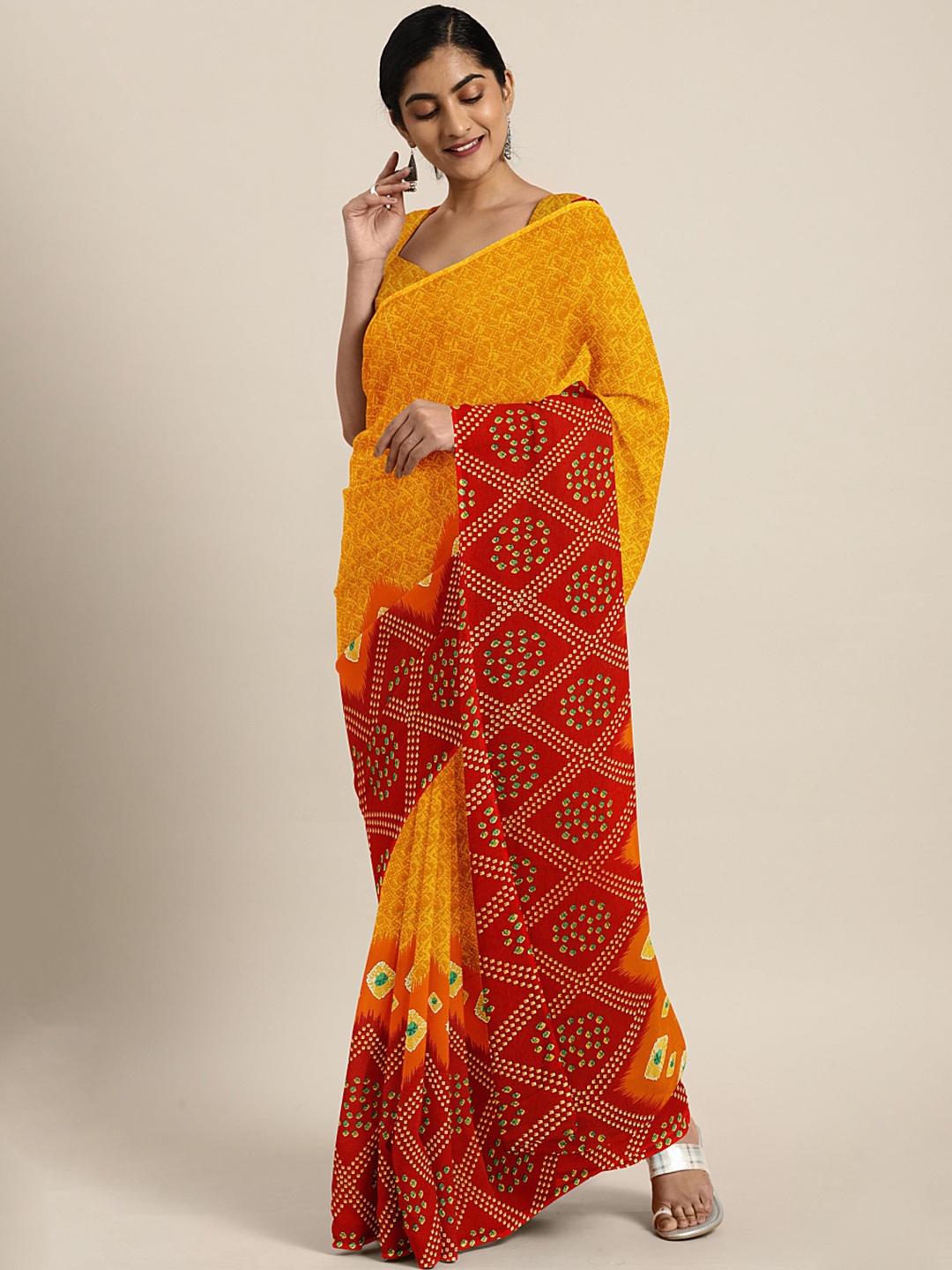 

KALINI Mustard Yellow Abstract Printed Poly Georgette Saree