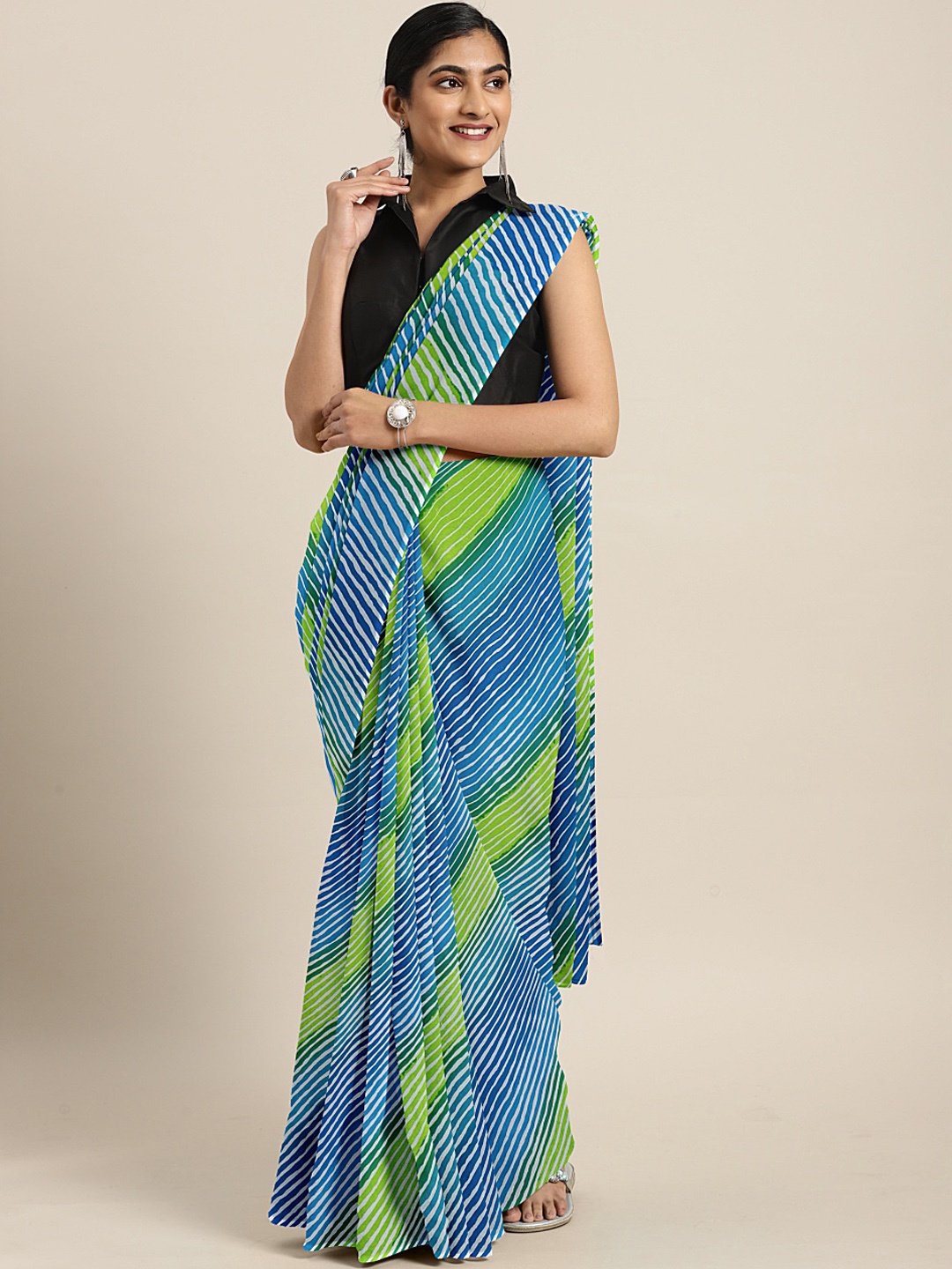 

KALINI Blue & Green Leheriya Printed Saree