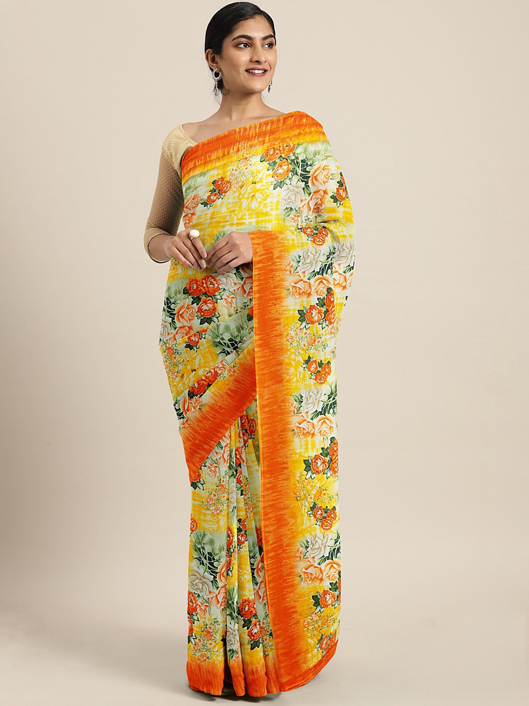 

KALINI Yellow & Orange Floral Printed Saree