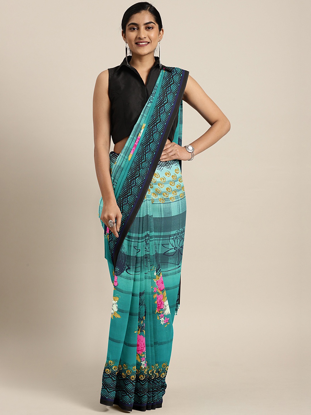 

KALINI Green Floral Printed Poly Georgette Saree