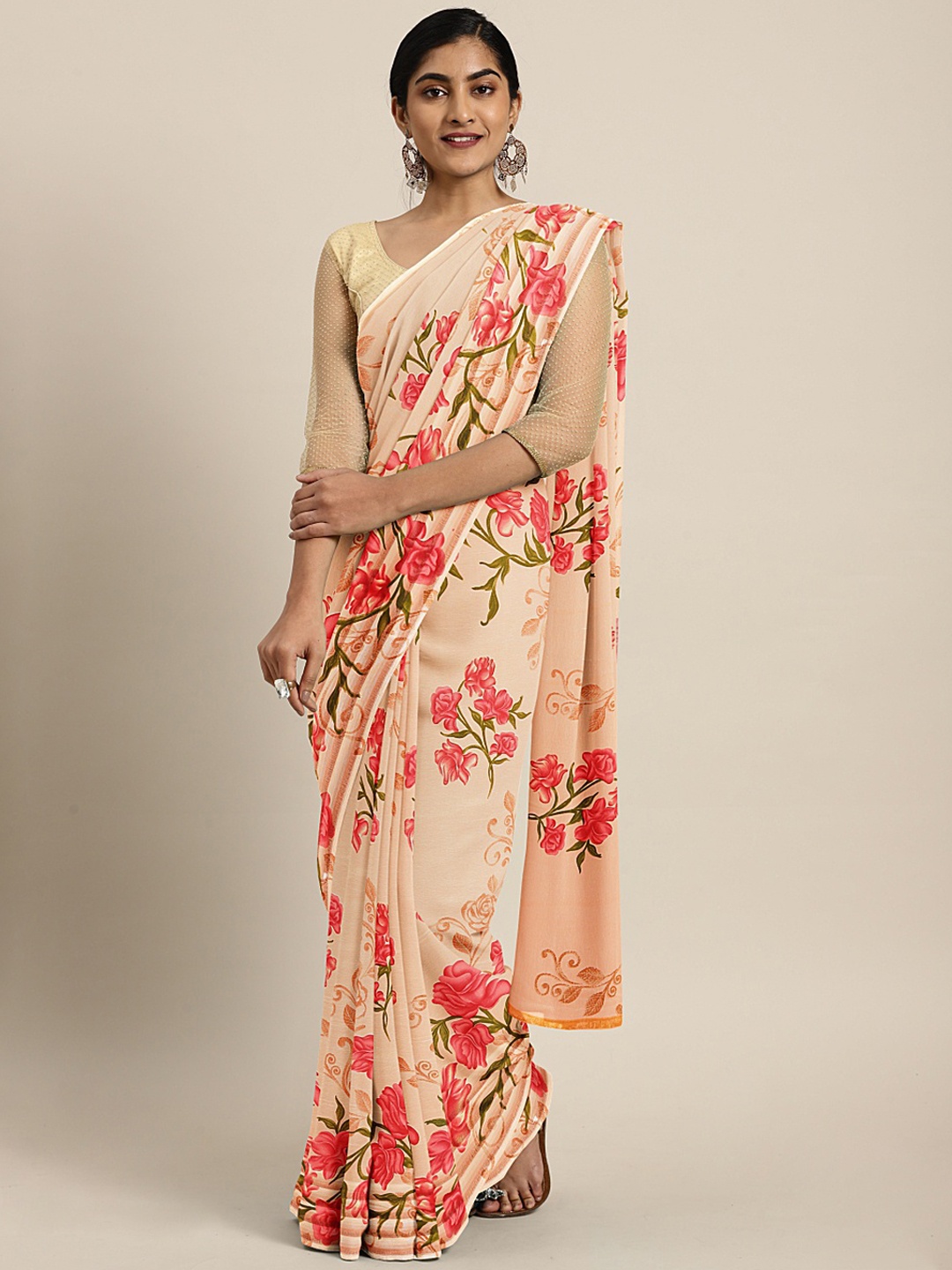 

KALINI Peach-Coloured & Pink Floral Printed Saree