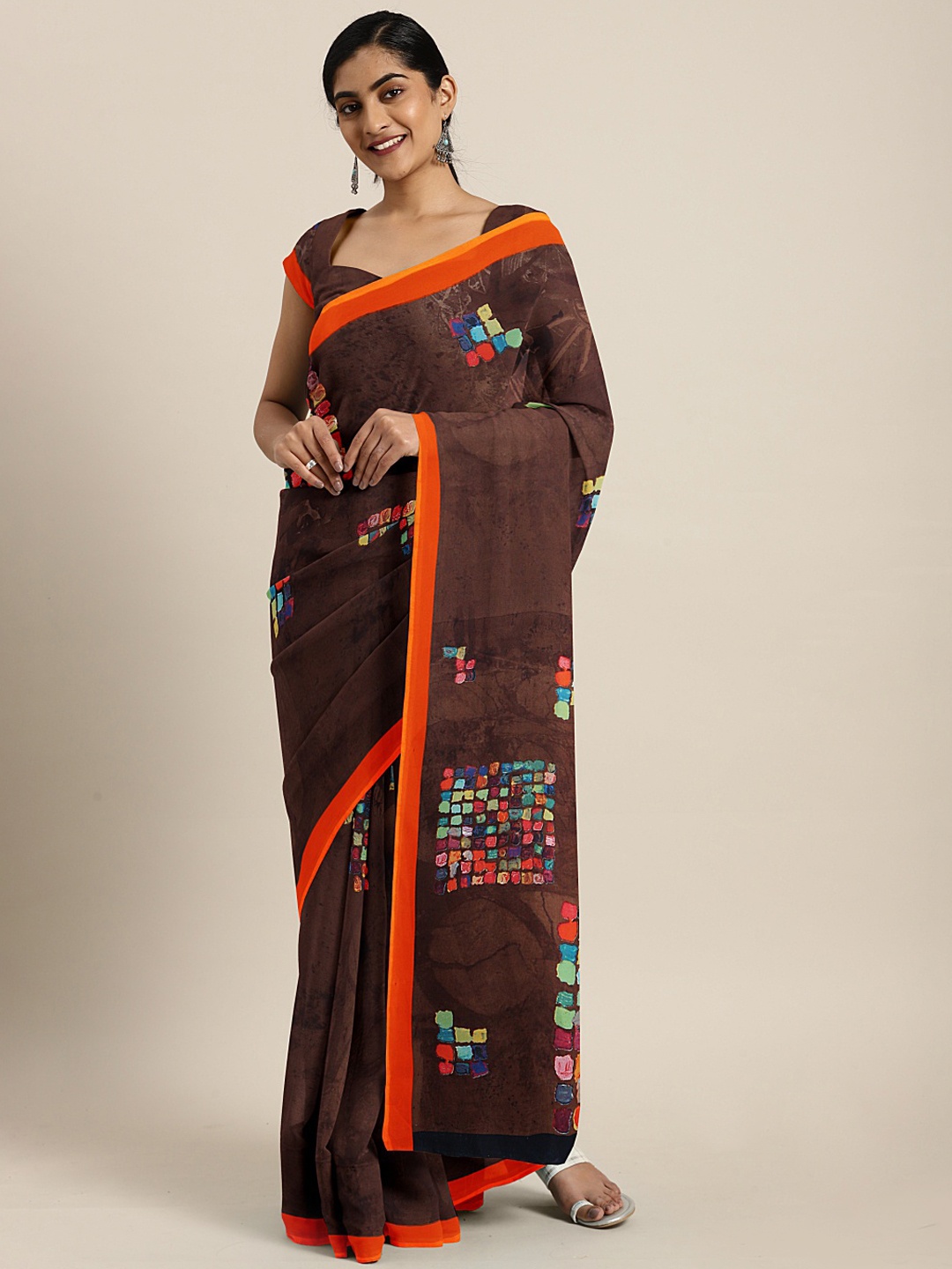 

KALINI Brown & Blue Printed Saree