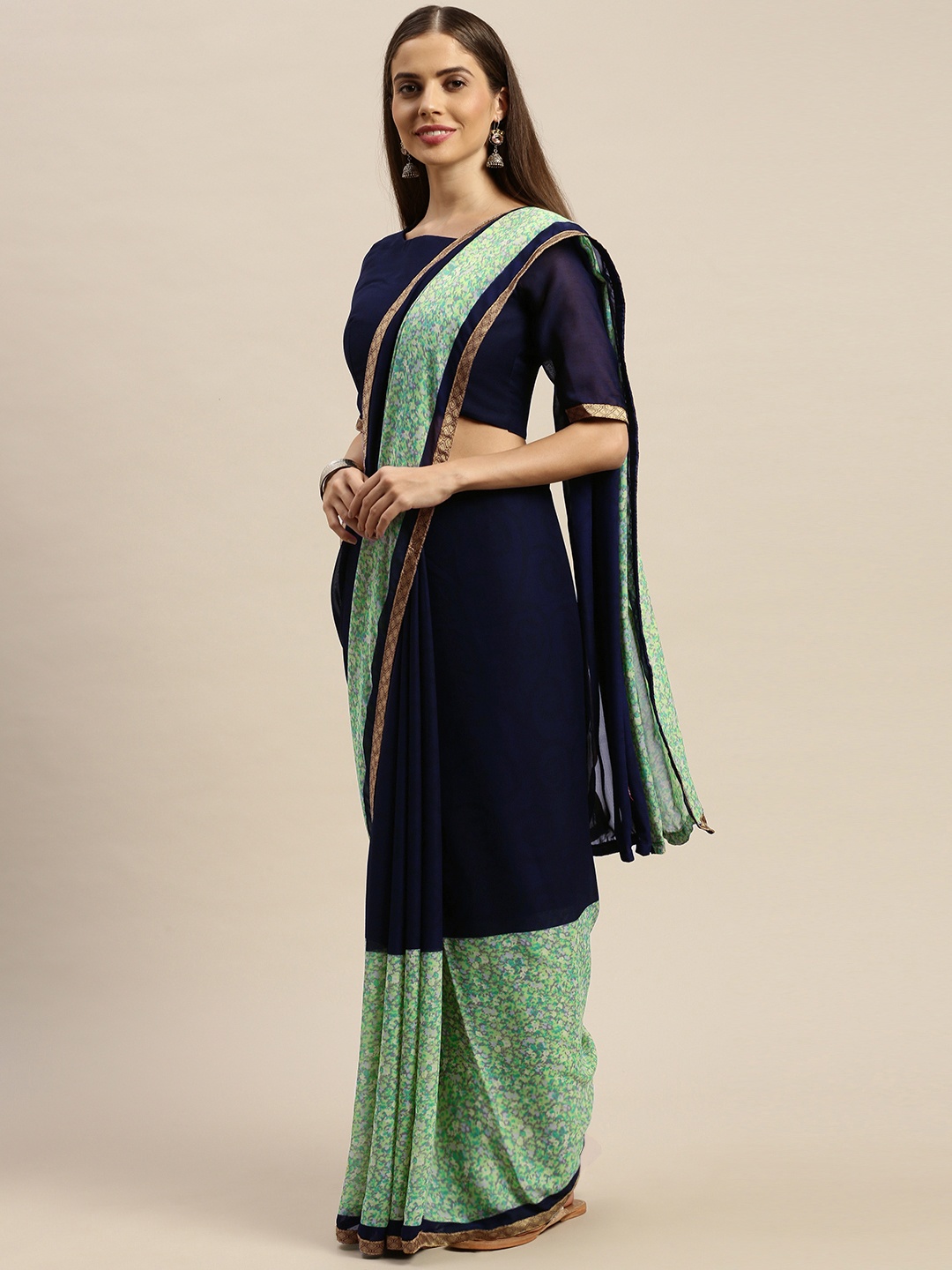 

KALINI Navy Blue & Green Poly Georgette Printed Saree