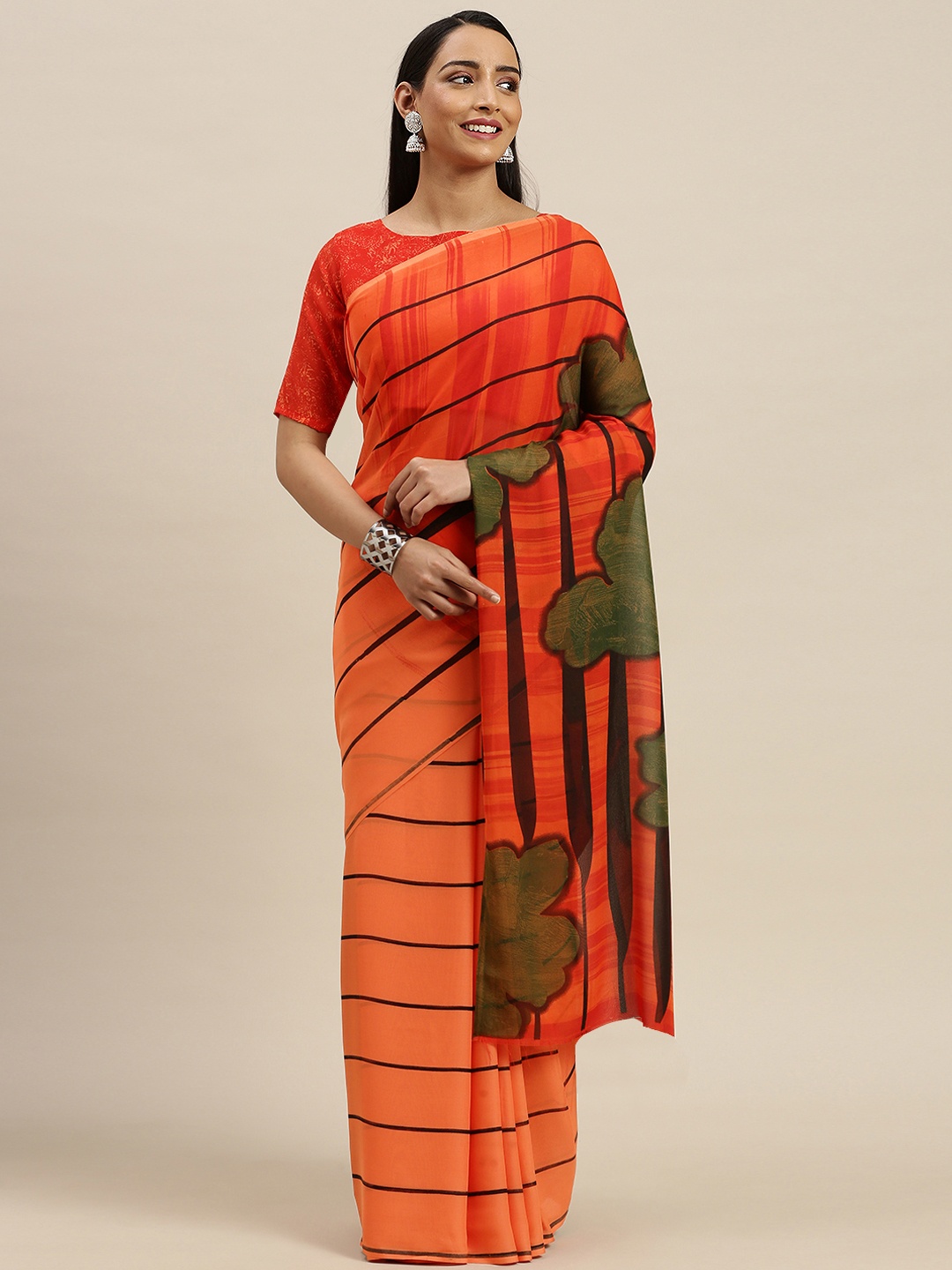 

KALINI Orange & Black Striped Saree