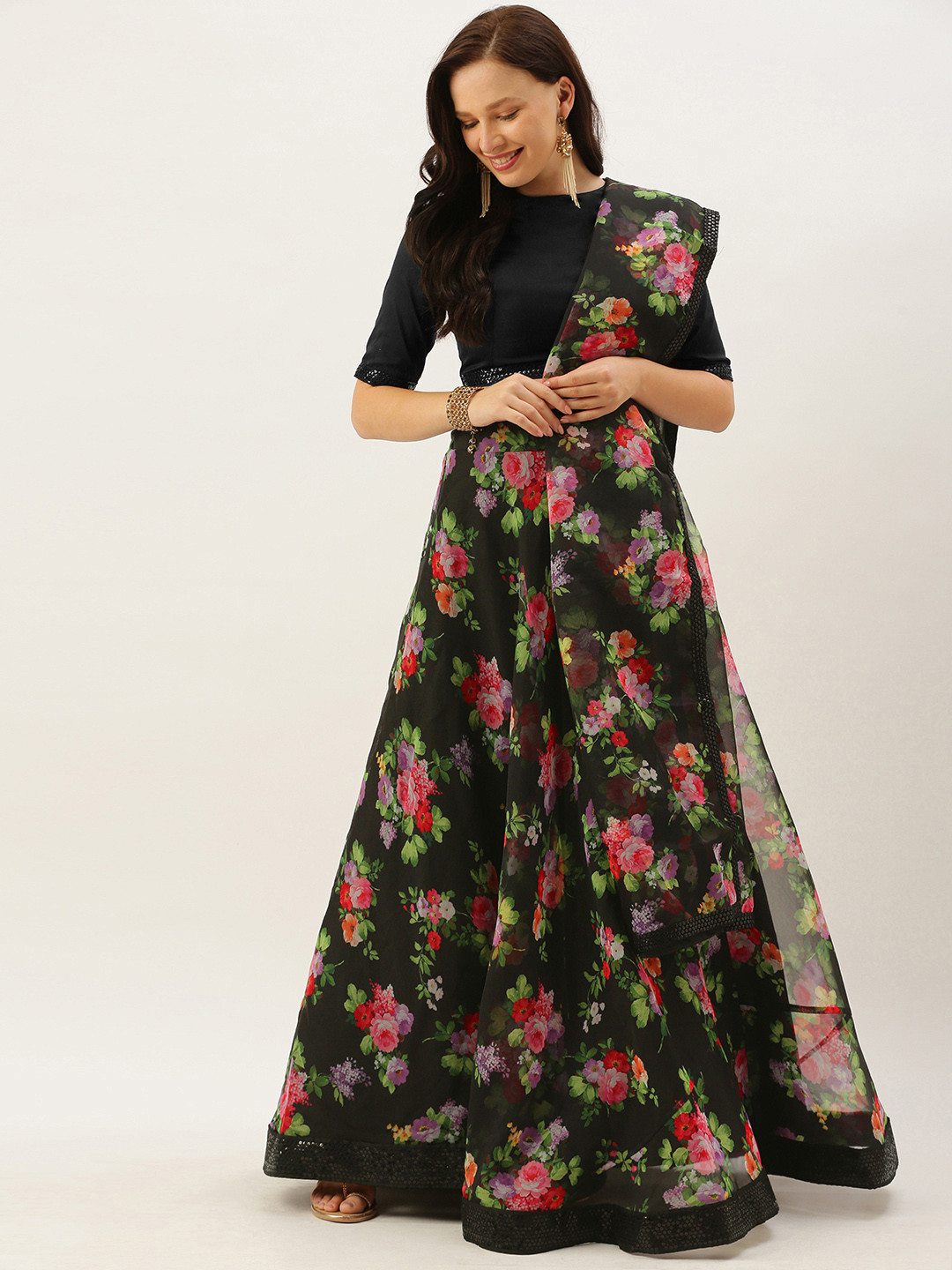 

Ethnovog Black Pink Solid Lehenga Made to Measure Blouse with Dupatta