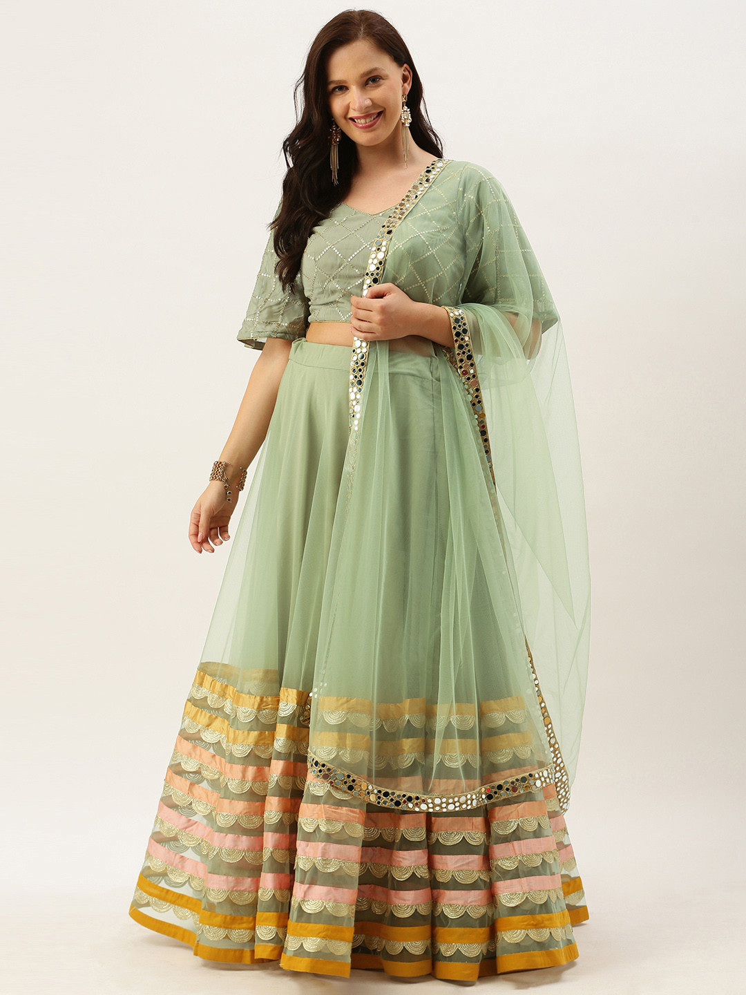 

Ethnovog Green Made to Measure Lehenga Blouse with Dupatta