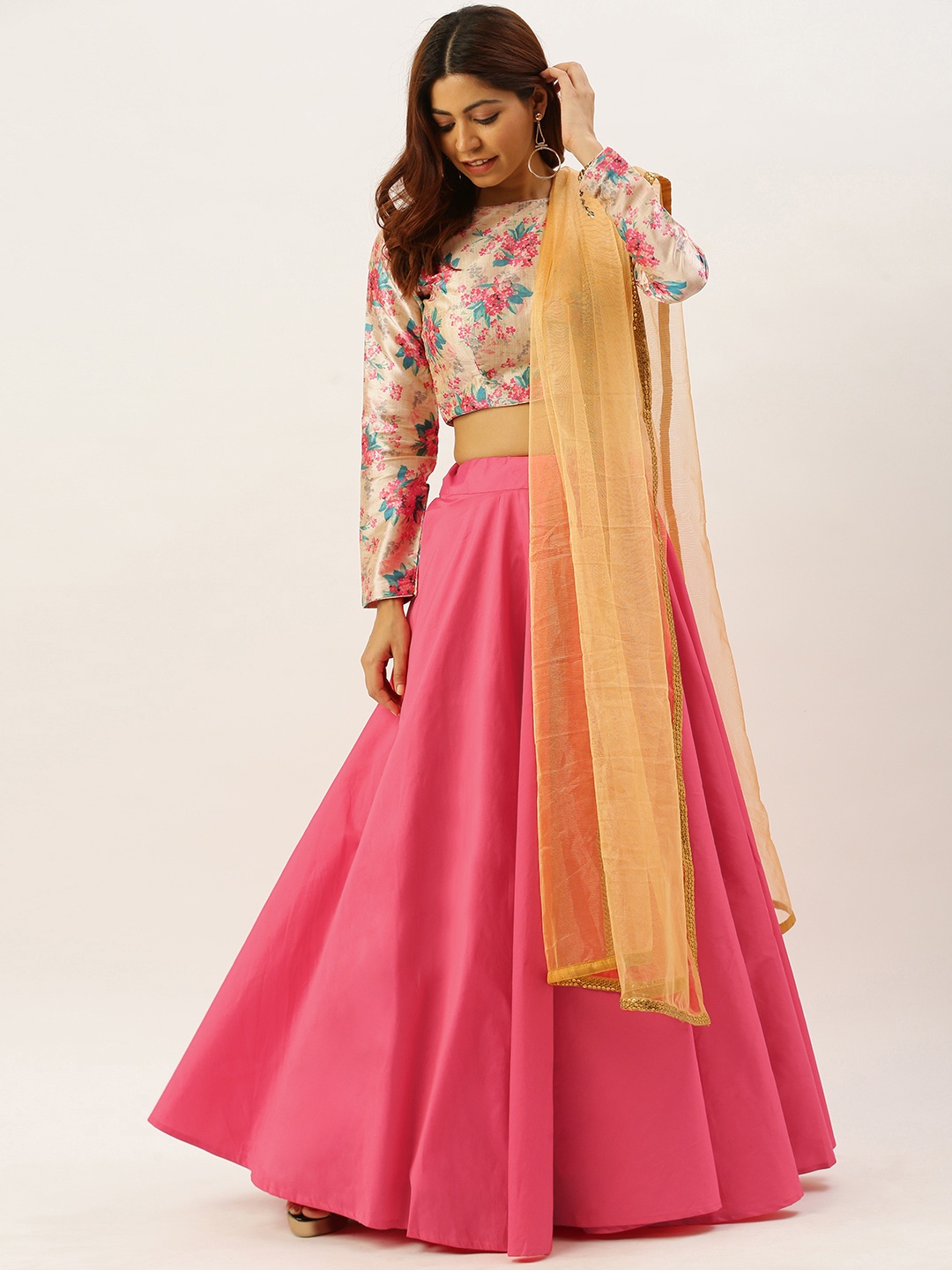 

Ethnovog Pink Beige Printed Made to Measure Lehenga Blouse with Dupatta
