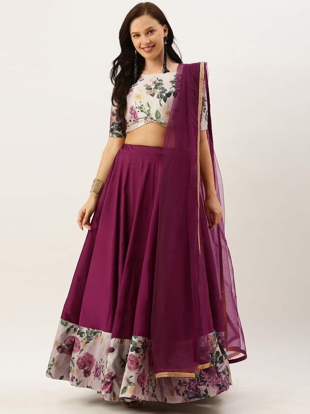 

Ethnovog Purple Cream-Coloured Made to Measure Lehenga Blouse with Dupatta