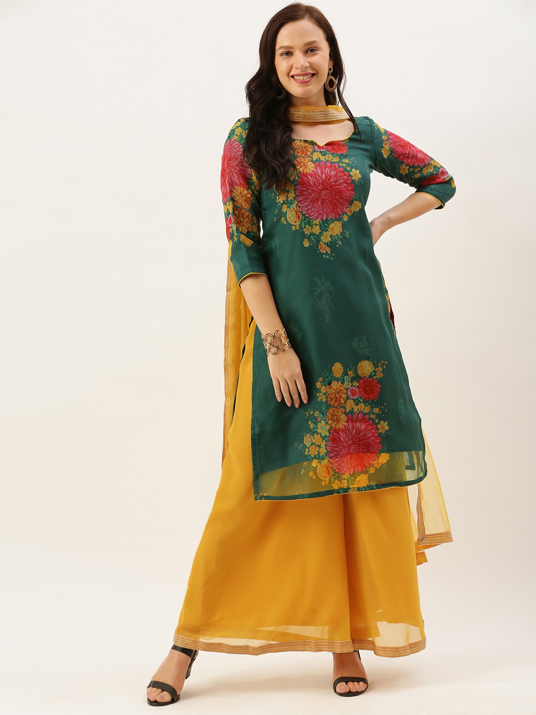 

Ethnovog Women Green Yellow Printed Kurta with Palazzos Dupatta