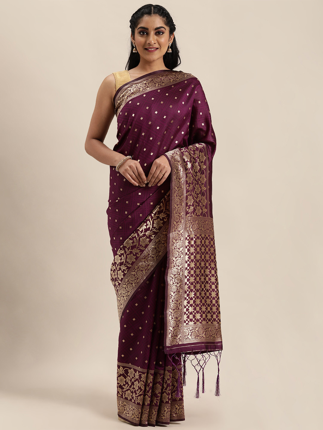 

Mitera Purple & Gold-Toned Woven Design Saree