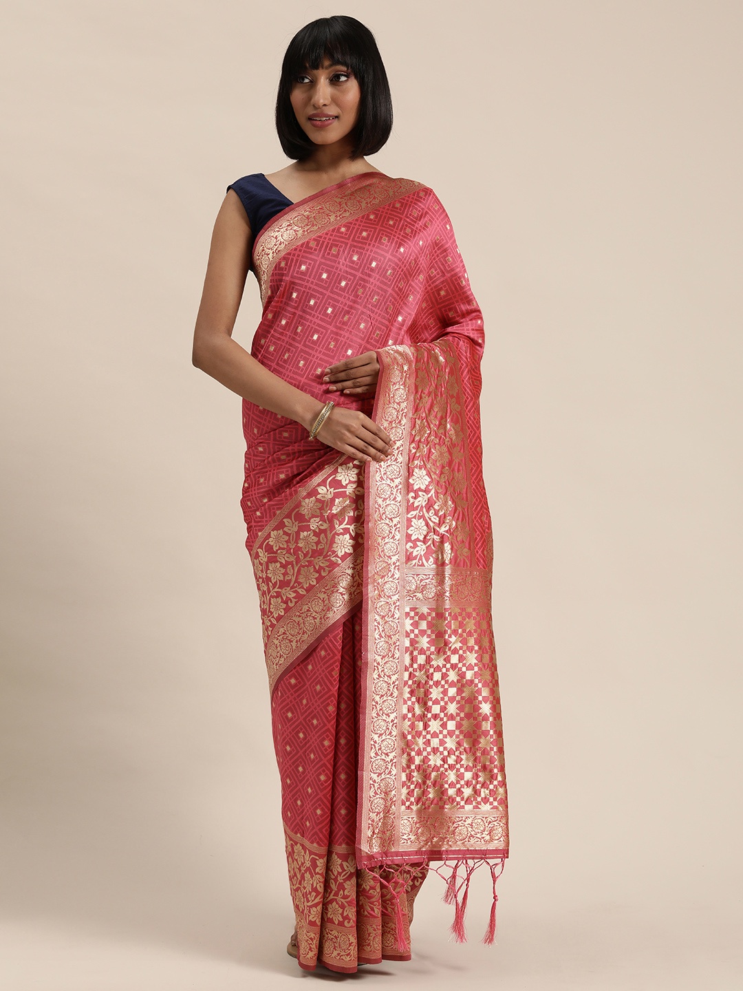 

Mitera Pink & Gold-Toned Woven Design Saree