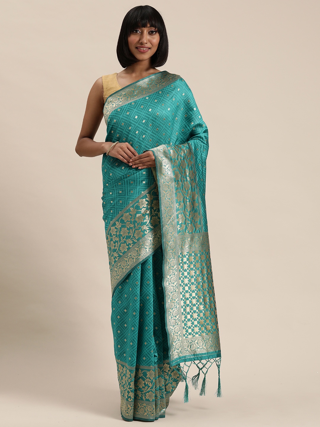 

Mitera Sea Green & Gold-Toned Woven Design Saree